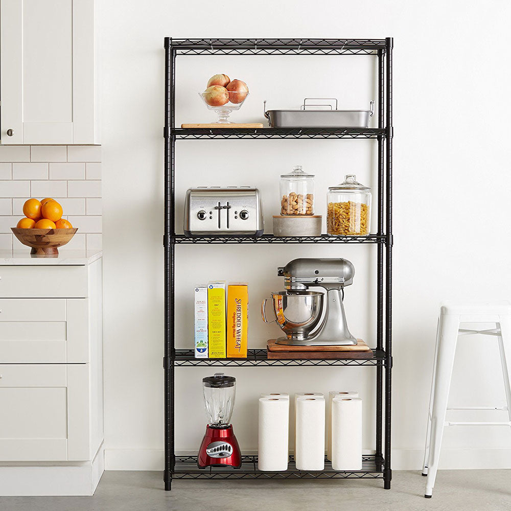 HAOYYE 5-Layer Plastic Coated Iron Storage Shelf, Durable Black Utility Rack, Heavy-Duty Steel Organizer for Home and Office, Space-Saving Shelving Unit with Sturdy Design, Easy Assembly, and Versatile Use