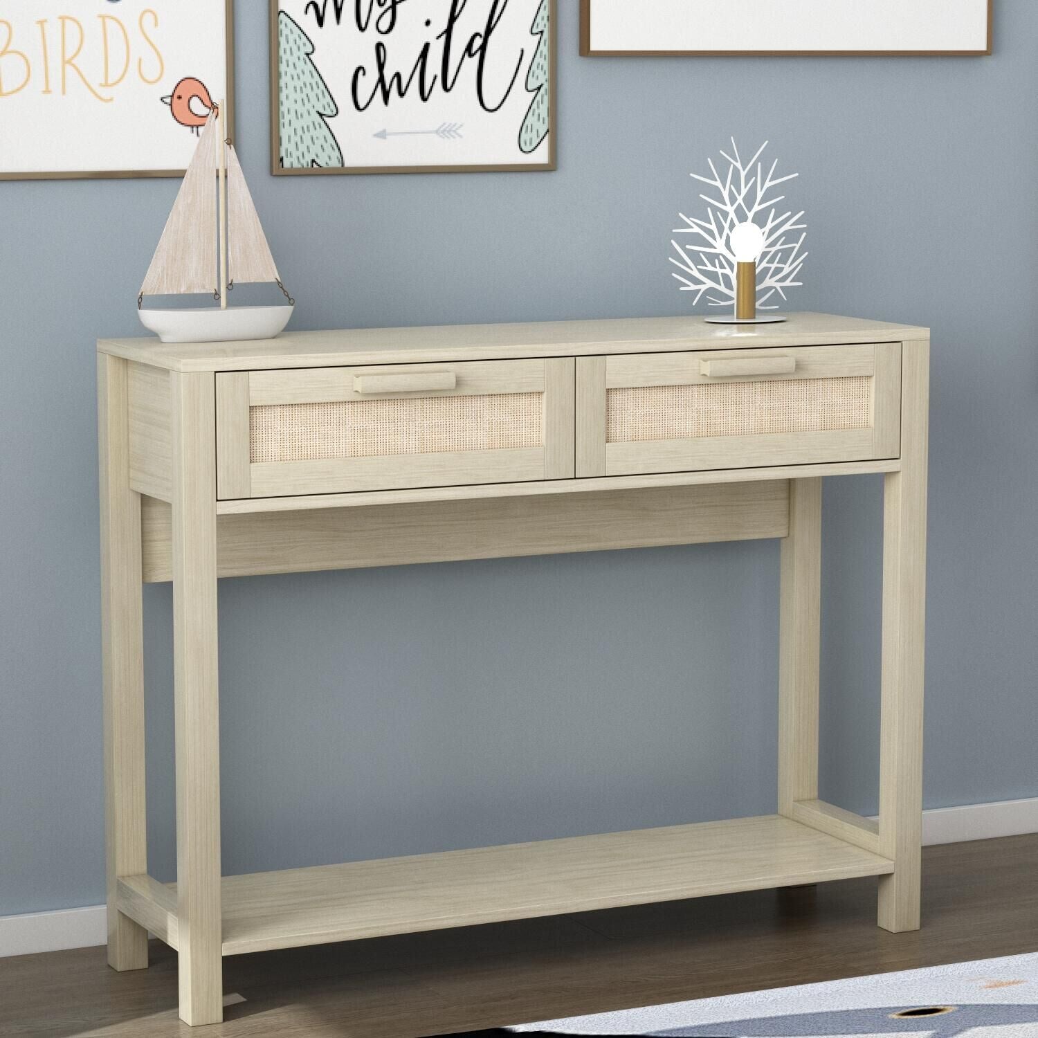 HAOYYE 39.4" Rattan Console Table with 2 Drawers, Narrow Long Entryway Table, Boho Wood Hall Table with Bottom Shelf for Living Room, Hallway
