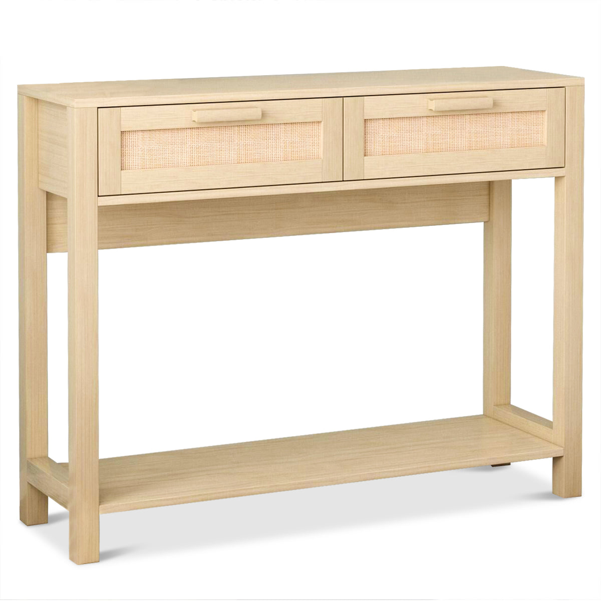 HAOYYE 39.4" Rattan Console Table with 2 Drawers, Narrow Long Entryway Table, Boho Wood Hall Table with Bottom Shelf for Living Room, Hallway