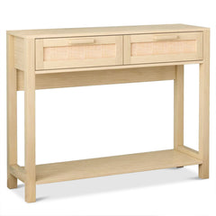 HAOYYE 39.4" Rattan Console Table with 2 Drawers, Narrow Long Entryway Table, Boho Wood Hall Table with Bottom Shelf for Living Room, Hallway