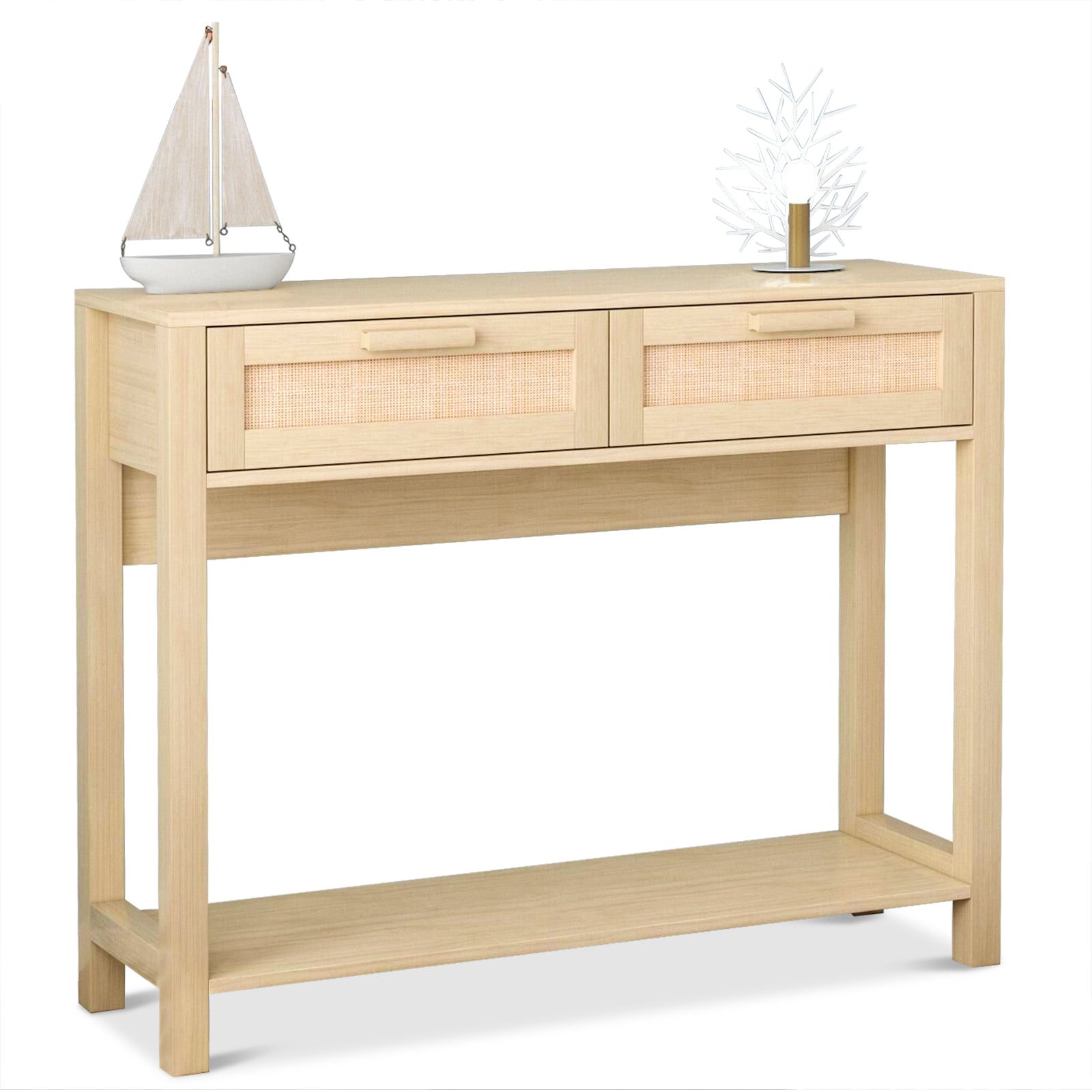 HAOYYE 39.4" Rattan Console Table with 2 Drawers, Narrow Long Entryway Table, Boho Wood Hall Table with Bottom Shelf for Living Room, Hallway