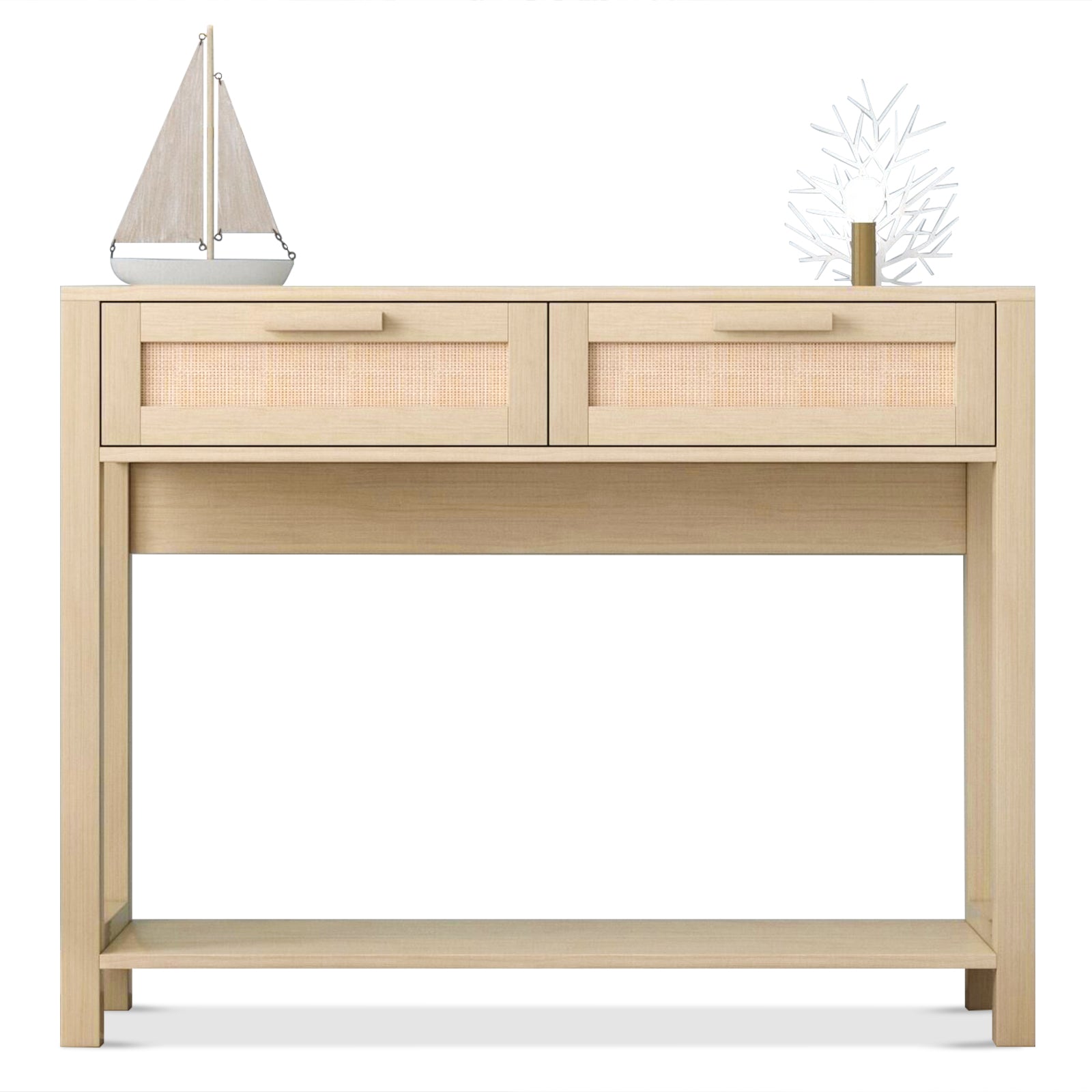 HAOYYE 39.4" Rattan Console Table with 2 Drawers, Narrow Long Entryway Table, Boho Wood Hall Table with Bottom Shelf for Living Room, Hallway