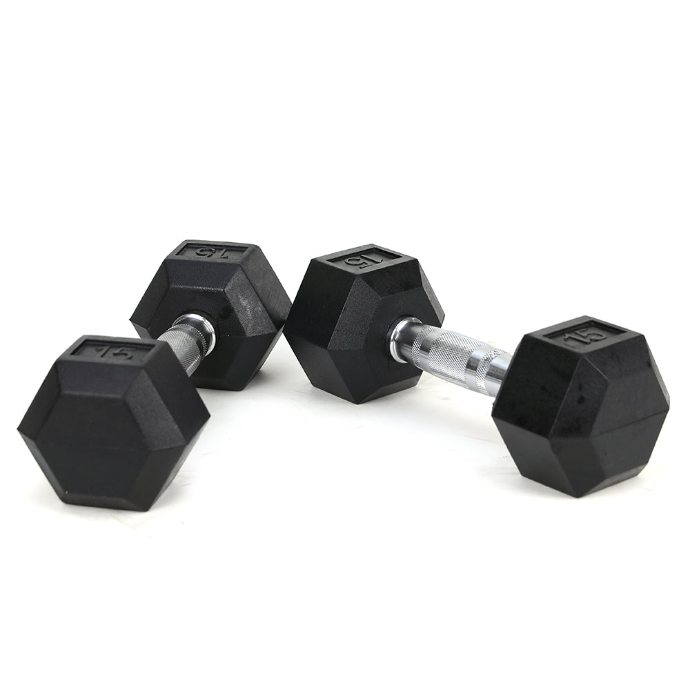 HAOYYE 15LB Dumbbell Pair Rubber Coated Solid Cast Iron Hex Dumbbells with Contoured Chrome Handles Durable Strength Training Free Weights for Home Gym Workout and Muscle Building