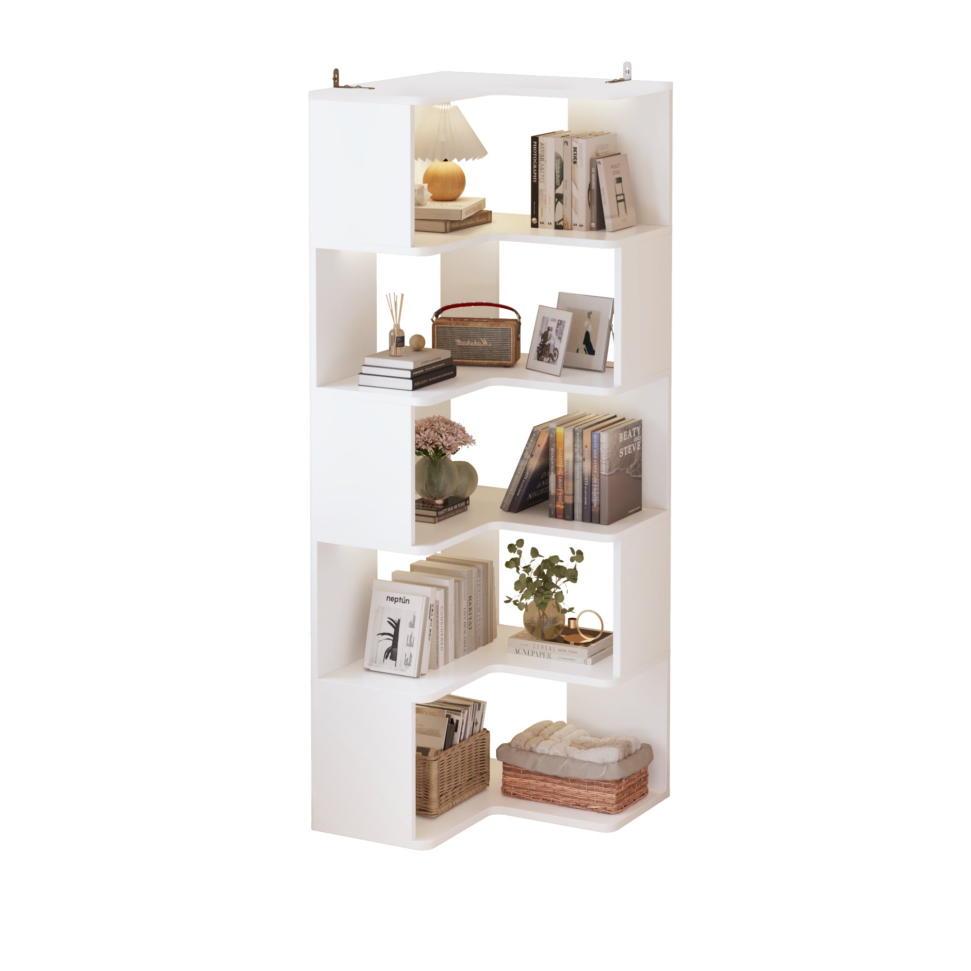 HAOYYE 5-Layer L-Shaped Corner Display Rack with Durable White Particle Board, Modern Space-Saving Storage Shelf for Home and Office, Stylish Multi-Tier Organizer Perfect for Living Room, Bedroom, Kitchen, and Workspace