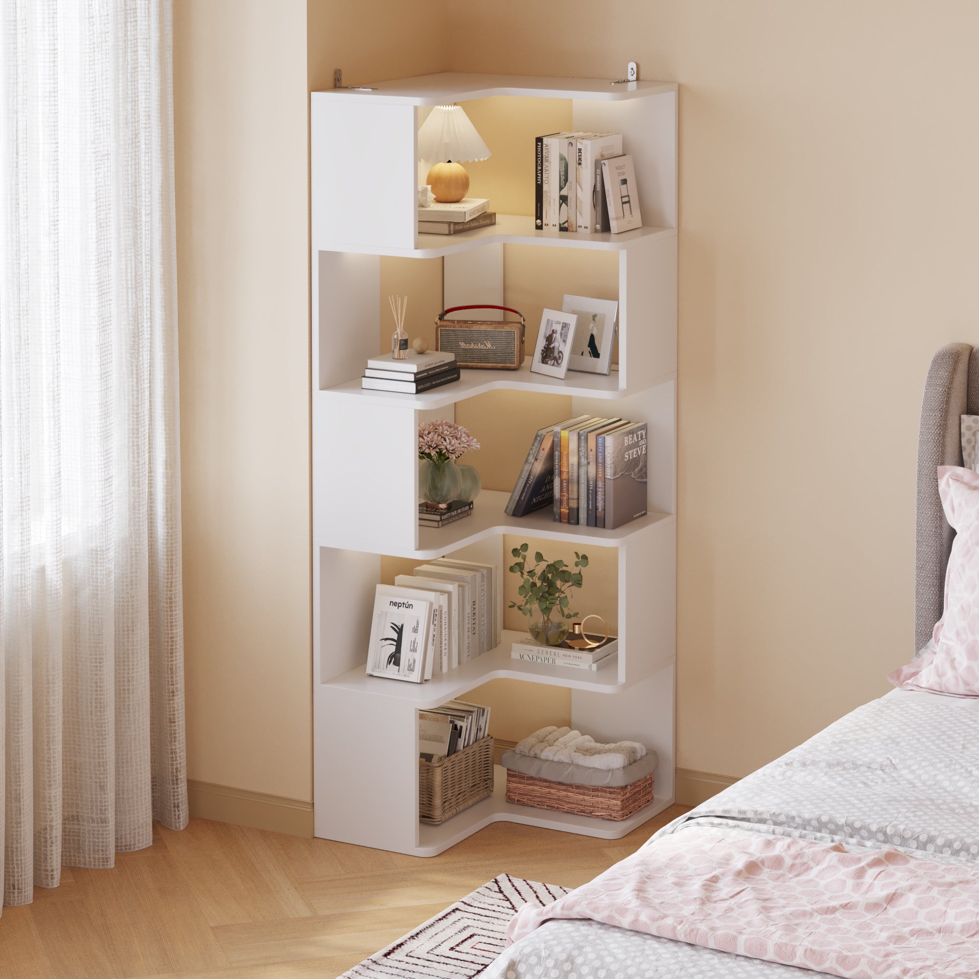 HAOYYE 5-Layer L-Shaped Corner Display Rack with Durable White Particle Board, Modern Space-Saving Storage Shelf for Home and Office, Stylish Multi-Tier Organizer Perfect for Living Room, Bedroom, Kitchen, and Workspace