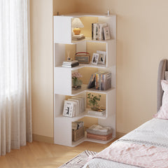 HAOYYE 5-Layer L-Shaped Corner Display Rack with Durable White Particle Board, Modern Space-Saving Storage Shelf for Home and Office, Stylish Multi-Tier Organizer Perfect for Living Room, Bedroom, Kitchen, and Workspace