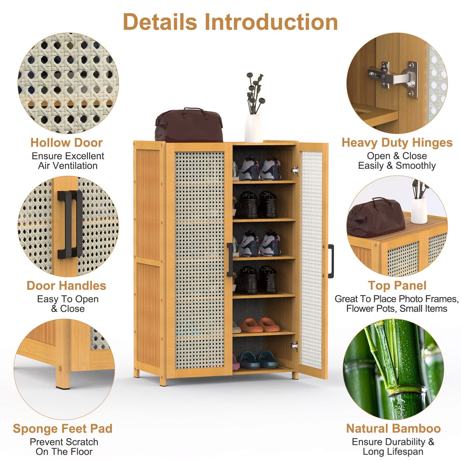 HAOYYE 6-Tier Shoe Cabinet with Bamboo Shoe Rack Freestanding Shoe Organizer with Two Hollow Doors and Handles, Large Capacity Storage with Heavy Duty Load Bearing, Perfect for Closet Hallway and Living Room Organization