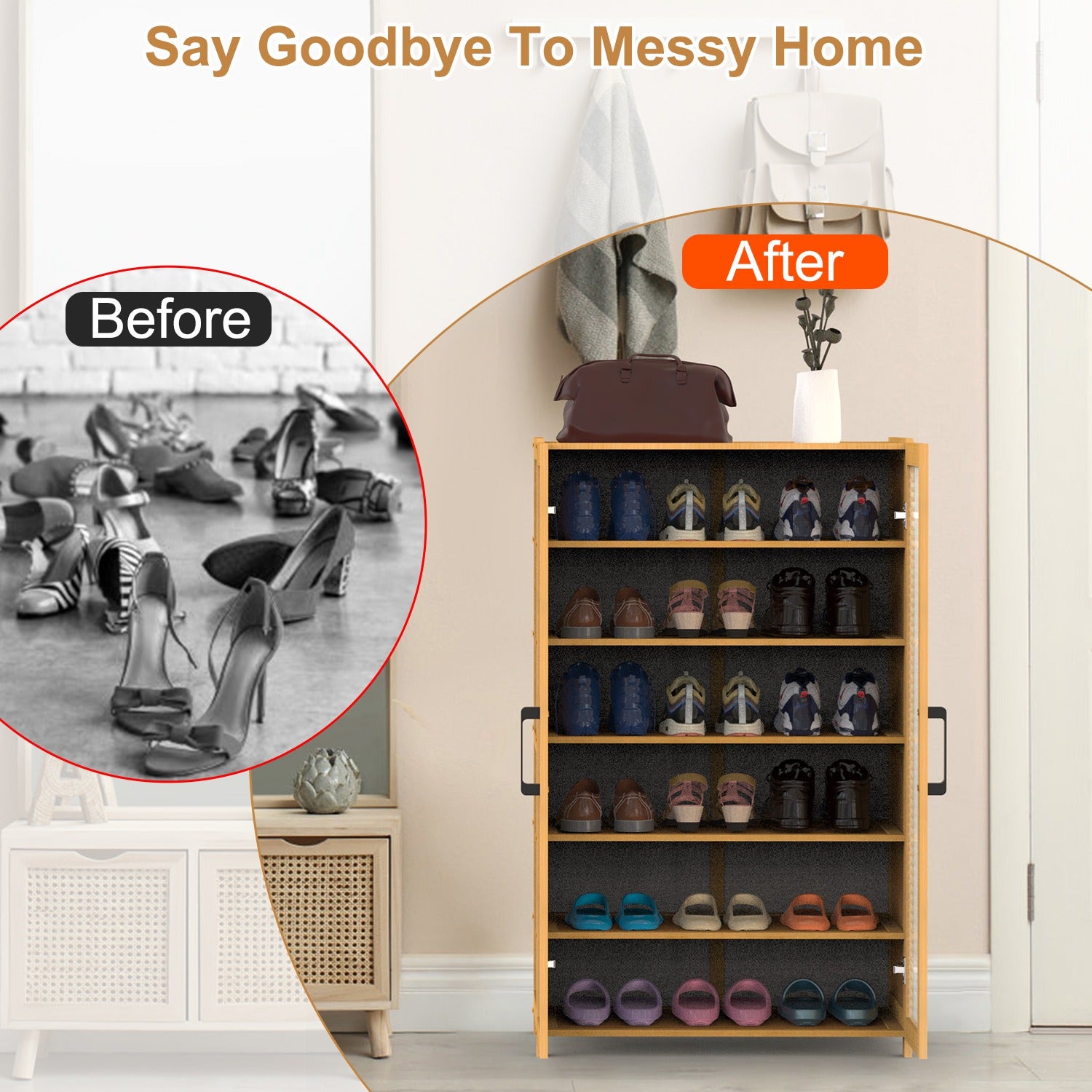 HAOYYE 6-Tier Shoe Cabinet with Bamboo Shoe Rack Freestanding Shoe Organizer with Two Hollow Doors and Handles, Large Capacity Storage with Heavy Duty Load Bearing, Perfect for Closet Hallway and Living Room Organization