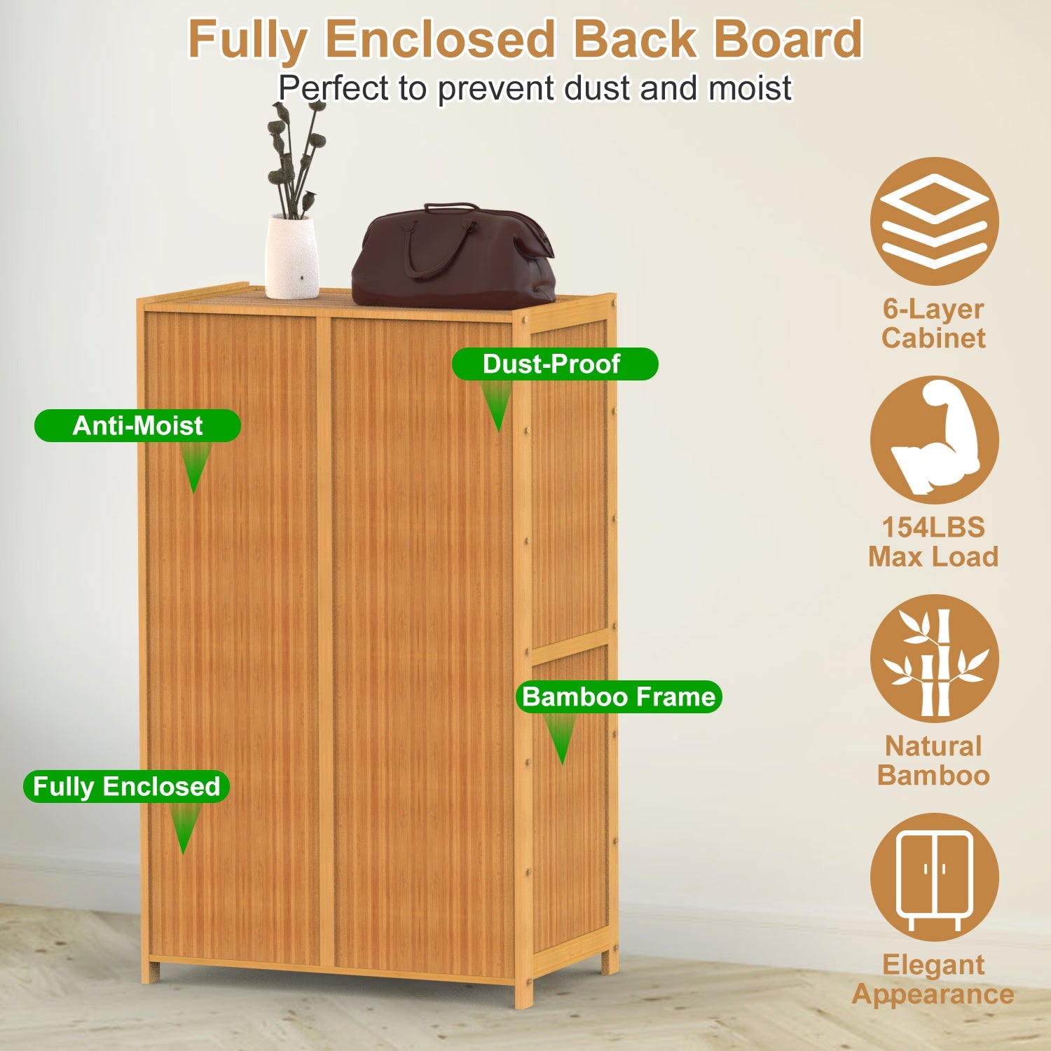 HAOYYE 6-Tier Shoe Cabinet with Bamboo Shoe Rack Freestanding Shoe Organizer with Two Hollow Doors and Handles, Large Capacity Storage with Heavy Duty Load Bearing, Perfect for Closet Hallway and Living Room Organization