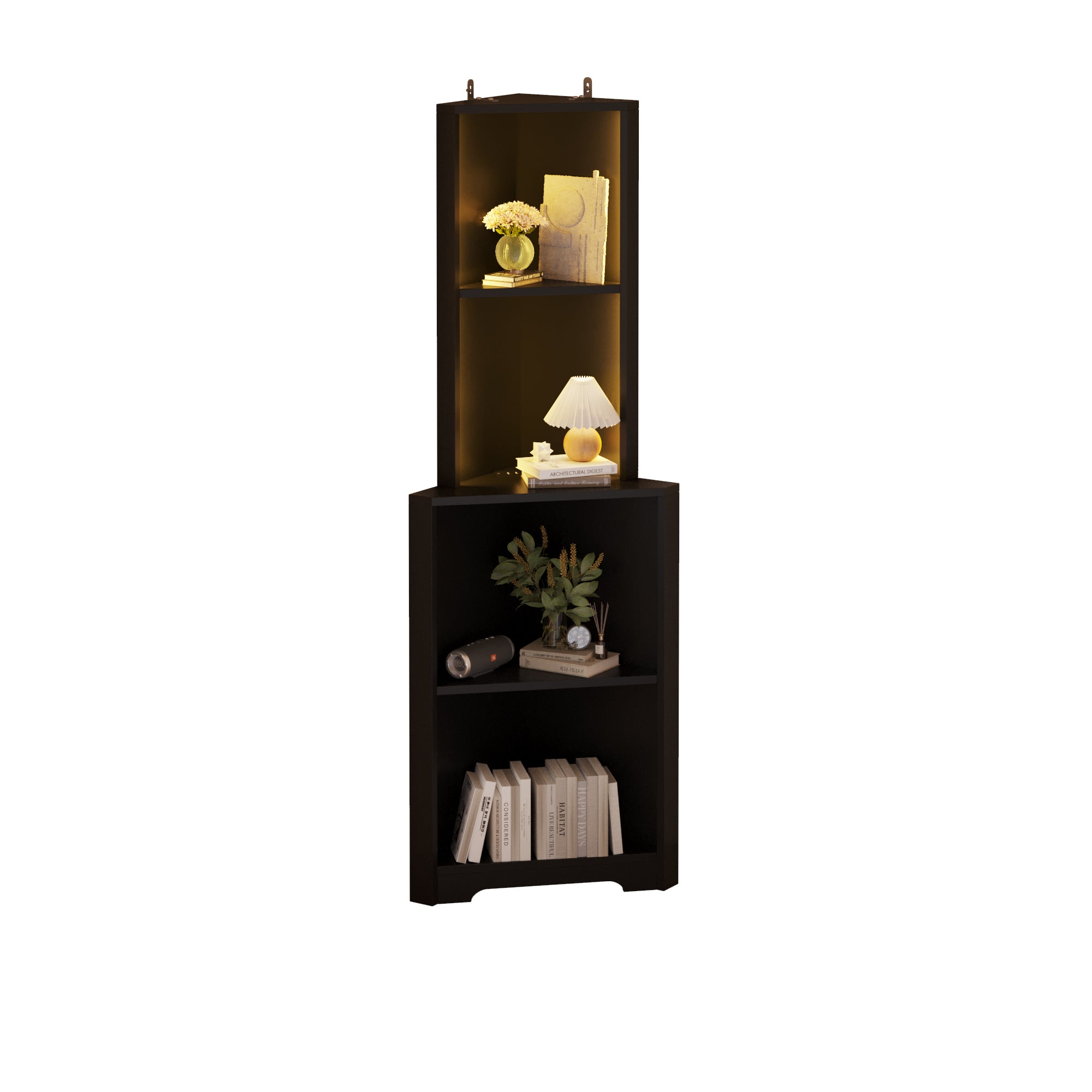 HAOYYE 4-Layer L-Shaped Corner Display Rack, Particle Board, Black with LED Light, Power Strip, Soft Cozy Warm Flannel Fleece, Luxury Comfortable Unique Design, Modern Premium Storage Shelf.