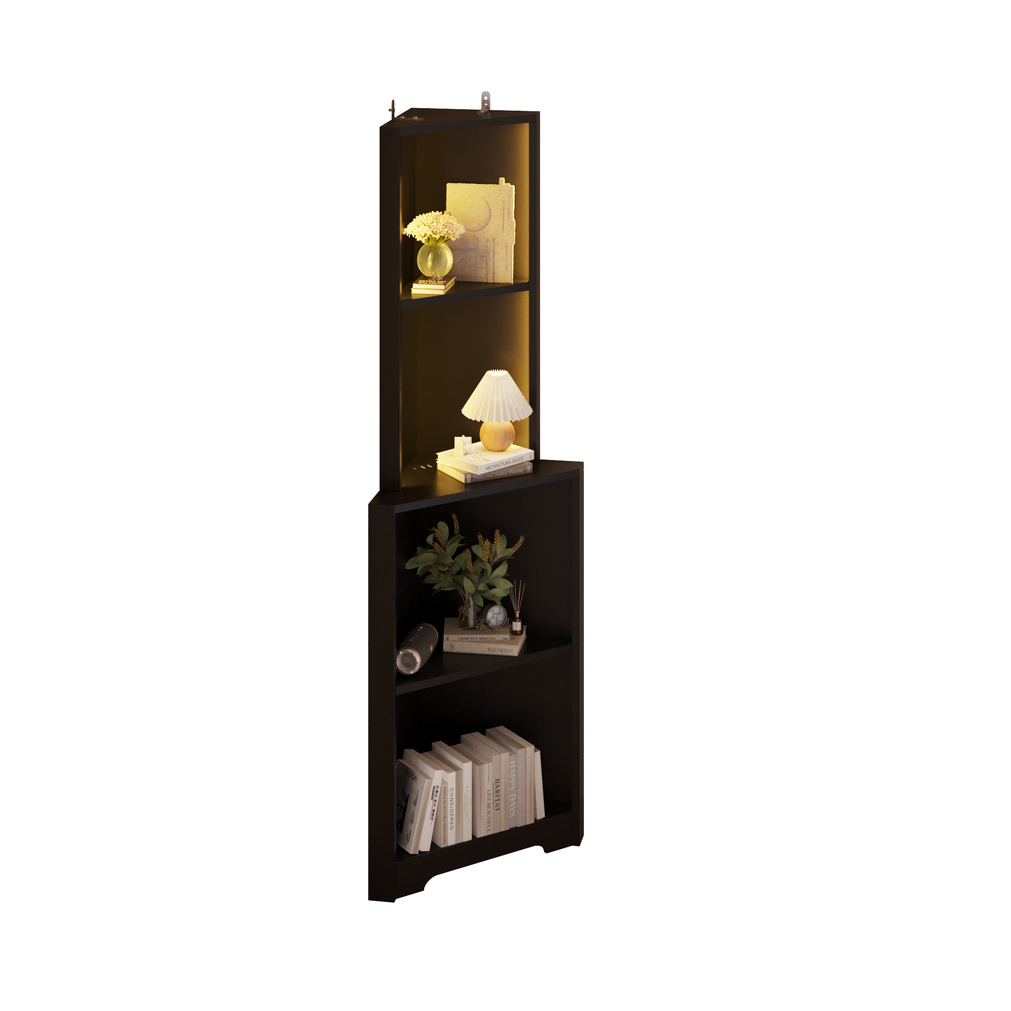 HAOYYE 4-Layer L-Shaped Corner Display Rack, Particle Board, Black with LED Light, Power Strip, Soft Cozy Warm Flannel Fleece, Luxury Comfortable Unique Design, Modern Premium Storage Shelf.