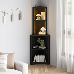 HAOYYE 4-Layer L-Shaped Corner Display Rack, Particle Board, Black with LED Light, Power Strip, Soft Cozy Warm Flannel Fleece, Luxury Comfortable Unique Design, Modern Premium Storage Shelf.