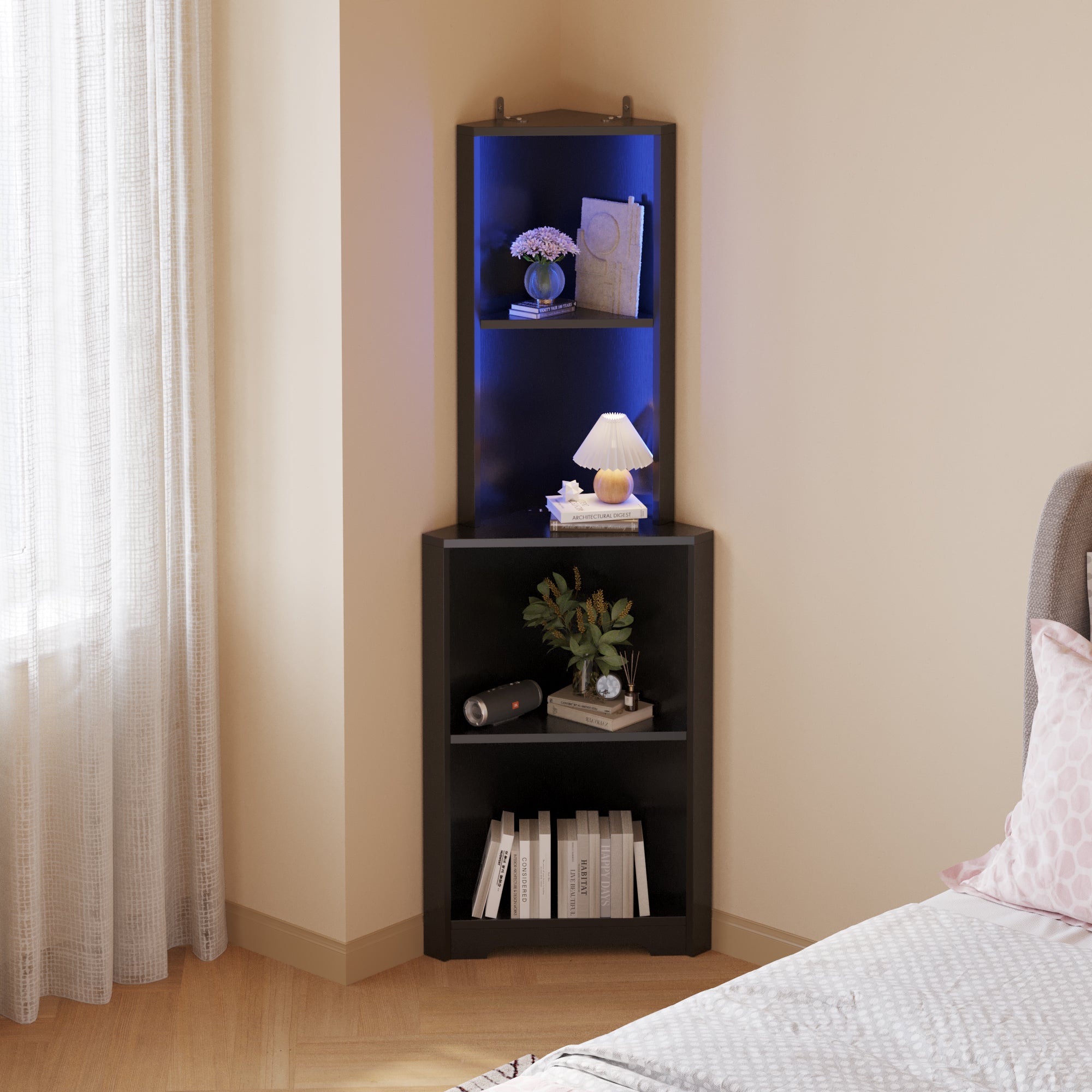 HAOYYE 4-Layer L-Shaped Corner Display Rack, Particle Board, Black with LED Light, Power Strip, Soft Cozy Warm Flannel Fleece, Luxury Comfortable Unique Design, Modern Premium Storage Shelf.