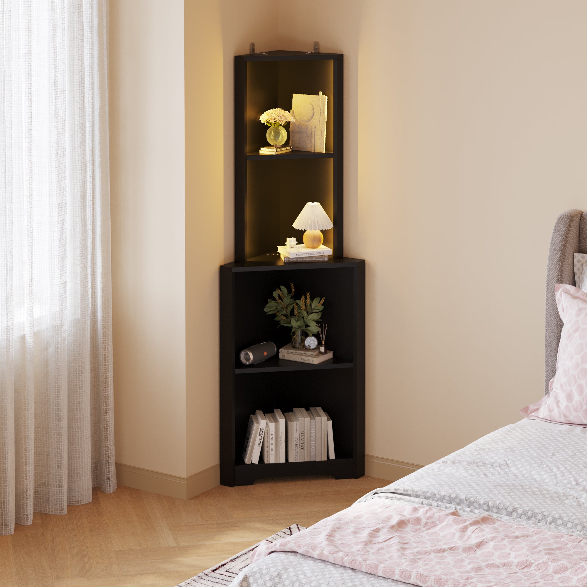 HAOYYE 4-Layer L-Shaped Corner Display Rack, Particle Board, Black with LED Light, Power Strip, Soft Cozy Warm Flannel Fleece, Luxury Comfortable Unique Design, Modern Premium Storage Shelf.