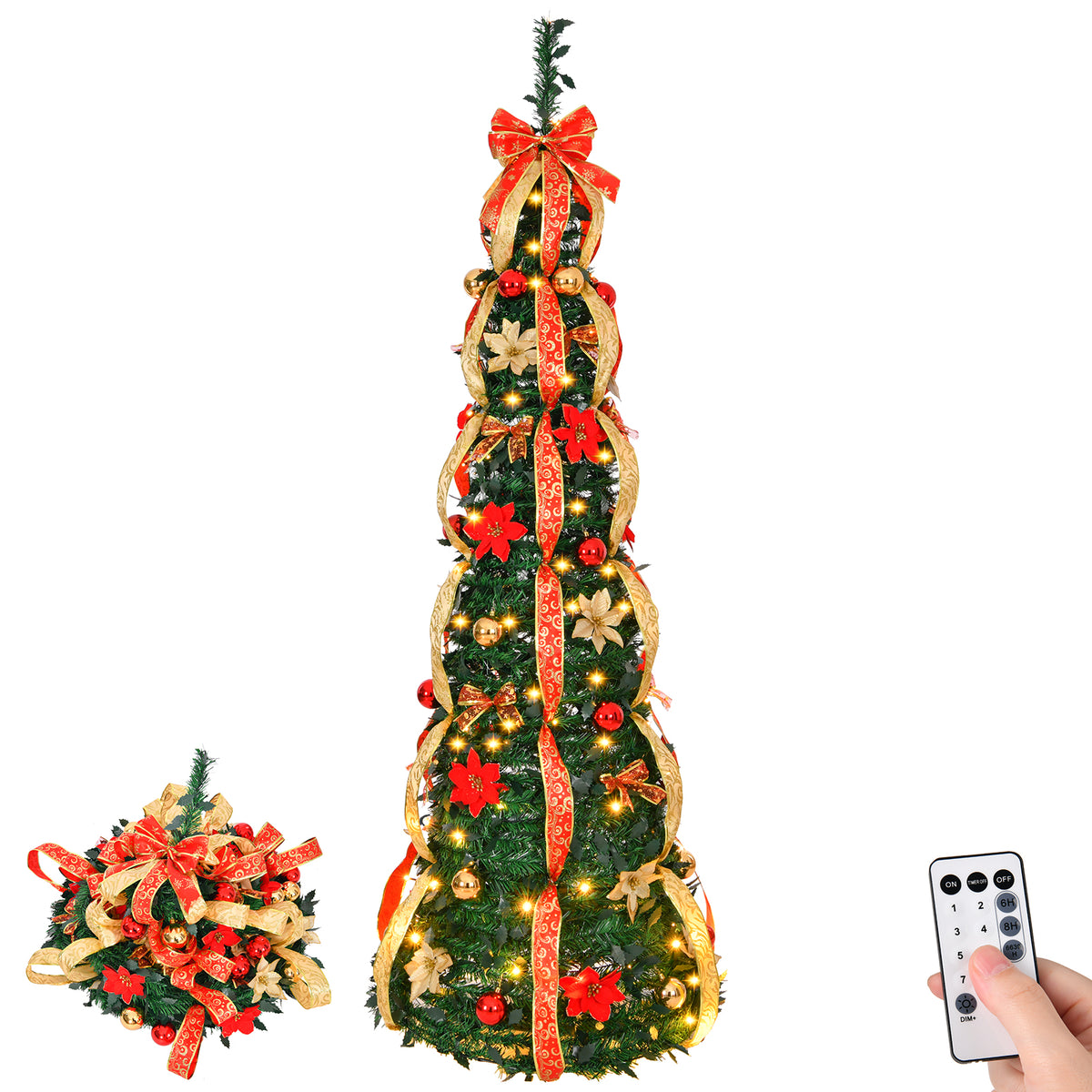 HAOYYE Green Pre-lit Pop Up Christmas Tree Fully Decorated Artificial Xmas Tree with 150 Warm LED Lights Red and Golden Ornaments Easy Assembly for Home Office Store Holiday Decoration