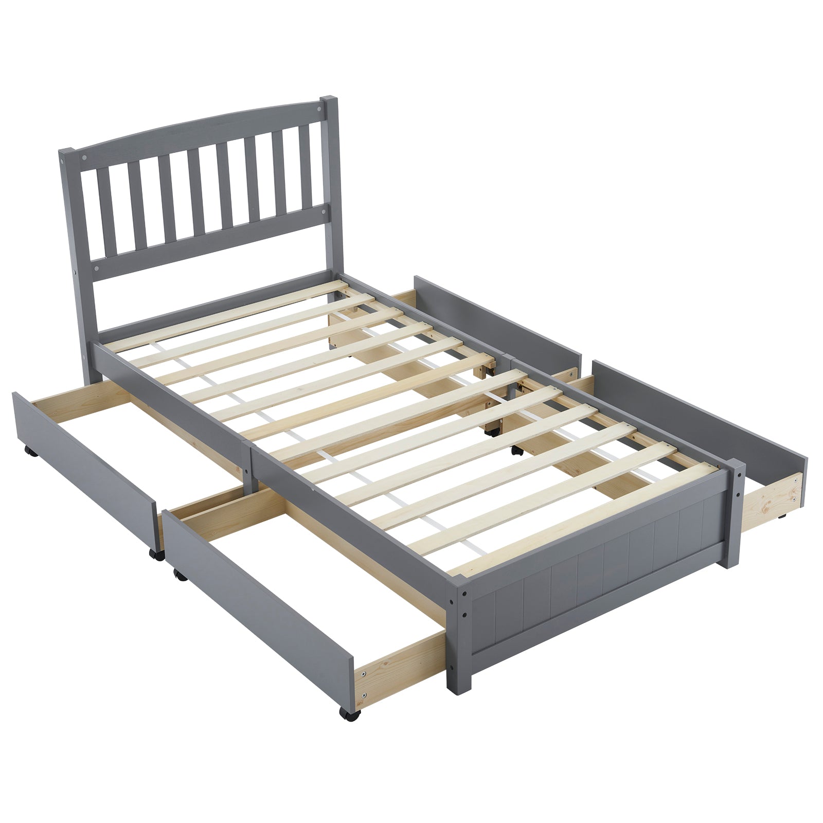 HAOYYE Four Large Drawers Pinewood Bed with Curved Vertical Headboard, Twin Size, Gray Storage Bed Frame with Ample Under-Bed Storage, Sturdy and Stylish Design for Bedroom, Space-Saving, Easy Assembly, Perfect for Kids and Adults