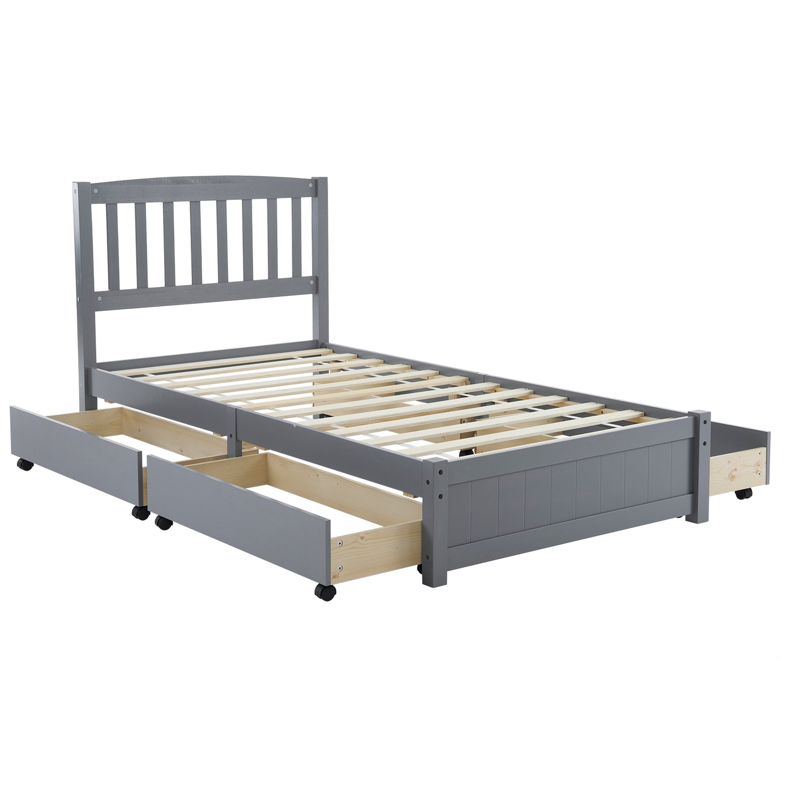 HAOYYE Four Large Drawers Pinewood Bed with Curved Vertical Headboard, Twin Size, Gray Storage Bed Frame with Ample Under-Bed Storage, Sturdy and Stylish Design for Bedroom, Space-Saving, Easy Assembly, Perfect for Kids and Adults