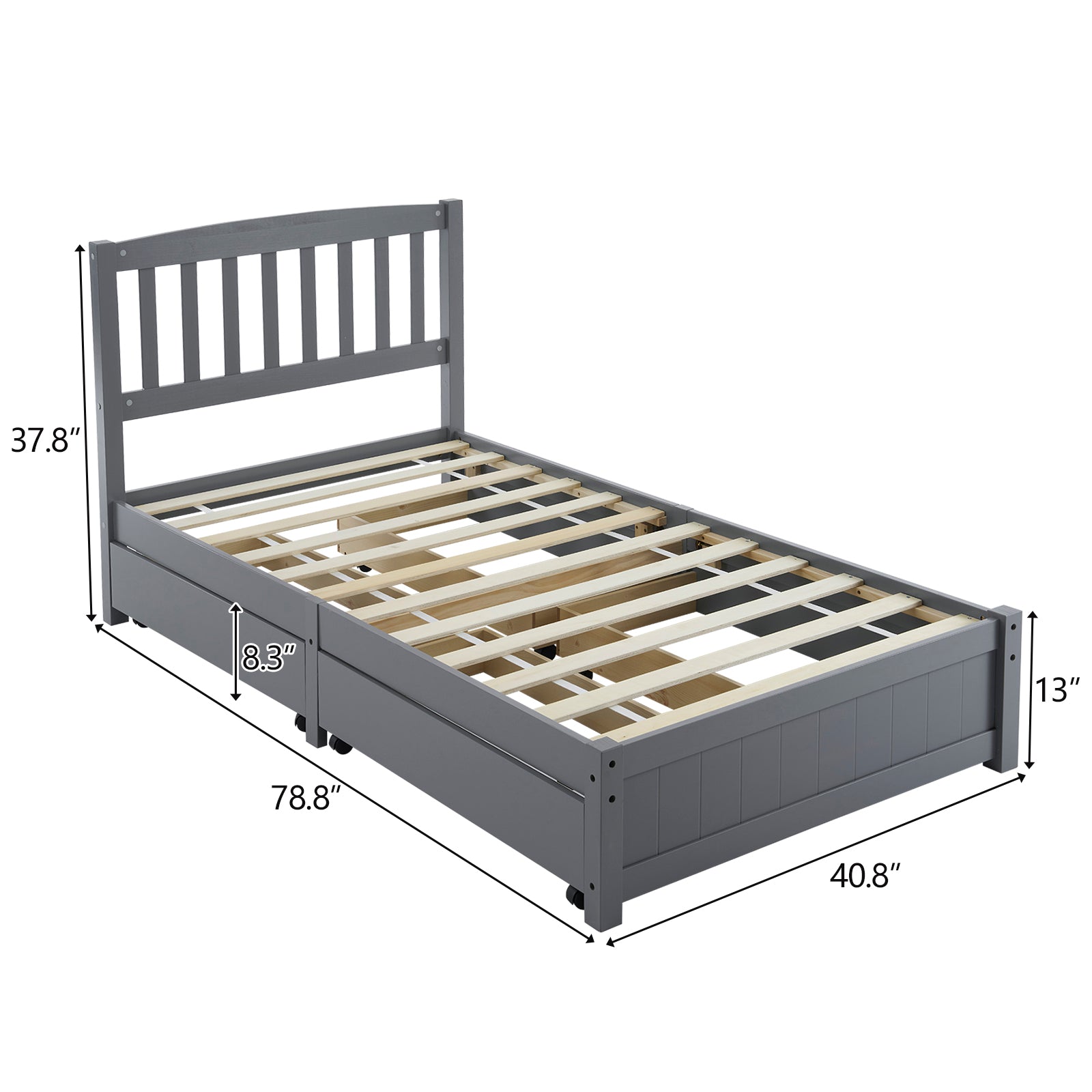 HAOYYE Four Large Drawers Pinewood Bed with Curved Vertical Headboard, Twin Size, Gray Storage Bed Frame with Ample Under-Bed Storage, Sturdy and Stylish Design for Bedroom, Space-Saving, Easy Assembly, Perfect for Kids and Adults