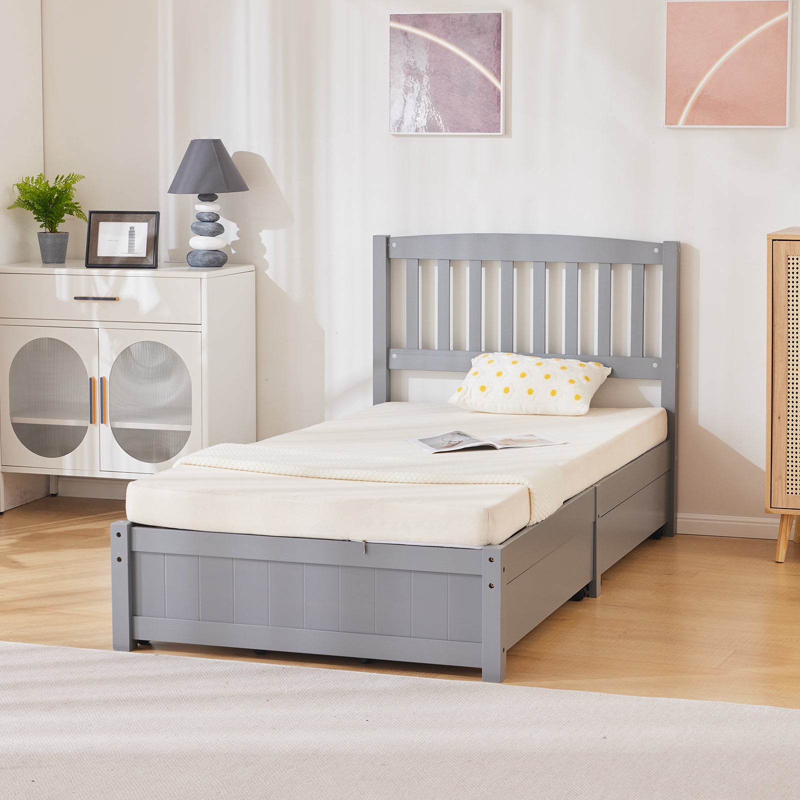 HAOYYE Four Large Drawers Pinewood Bed with Curved Vertical Headboard, Twin Size, Gray Storage Bed Frame with Ample Under-Bed Storage, Sturdy and Stylish Design for Bedroom, Space-Saving, Easy Assembly, Perfect for Kids and Adults