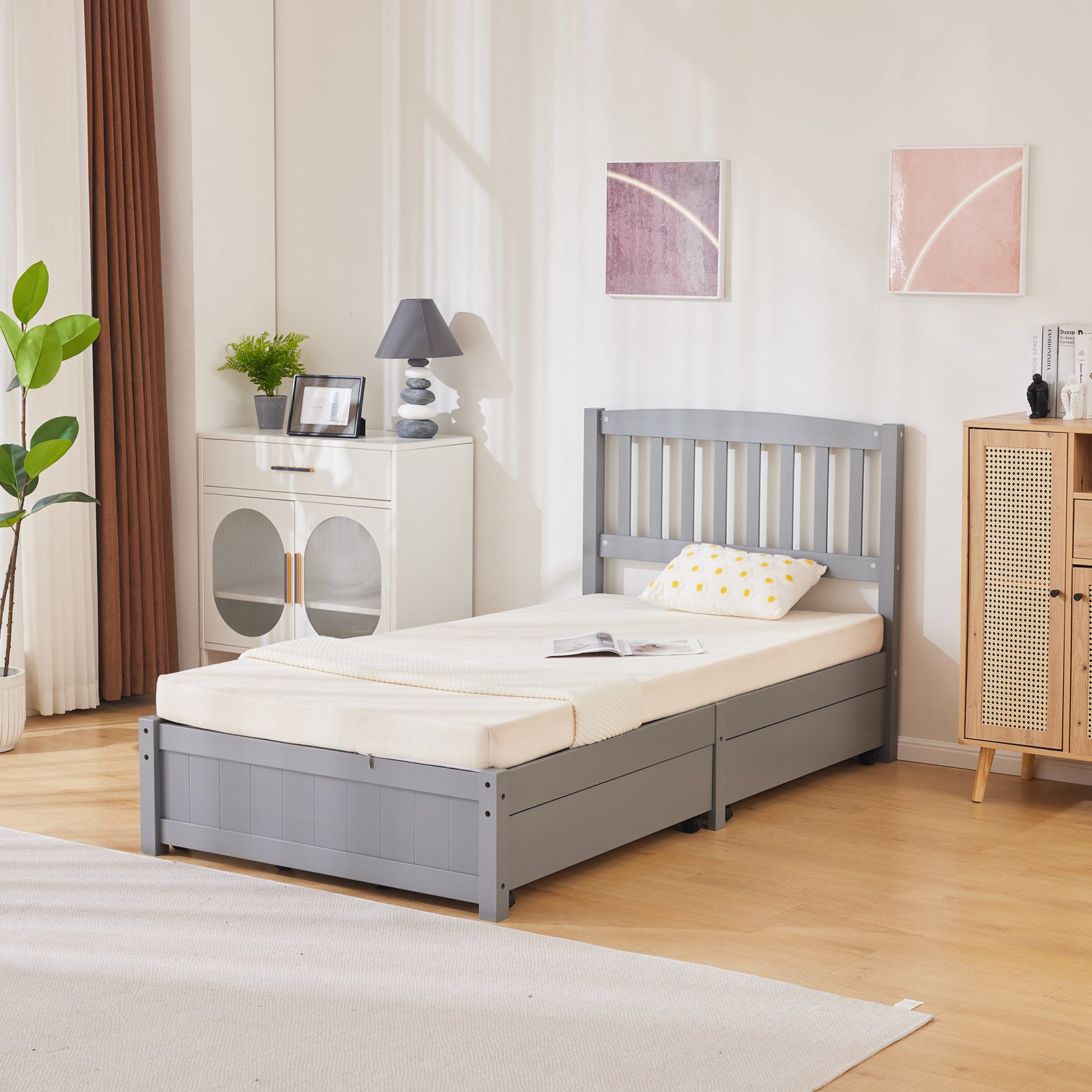 HAOYYE Four Large Drawers Pinewood Bed with Curved Vertical Headboard, Twin Size, Gray Storage Bed Frame with Ample Under-Bed Storage, Sturdy and Stylish Design for Bedroom, Space-Saving, Easy Assembly, Perfect for Kids and Adults