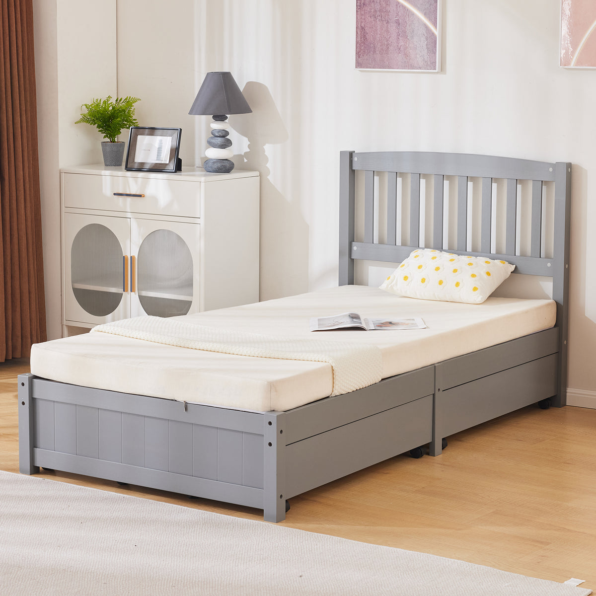 HAOYYE Four Large Drawers Pinewood Bed with Curved Vertical Headboard, Twin Size Gray Bed Frame with Ample Storage, Sturdy and Stylish Platform Bed, Space-Saving Solution for Bedrooms, Easy Assembly and Modern Design