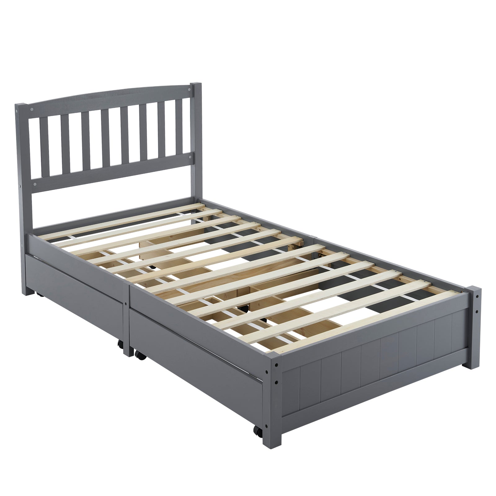 HAOYYE Four Large Drawers Pinewood Bed with Curved Vertical Headboard, Twin Size, Gray Storage Bed Frame with Ample Under-Bed Storage, Sturdy and Stylish Design for Bedroom, Space-Saving, Easy Assembly, Perfect for Kids and Adults