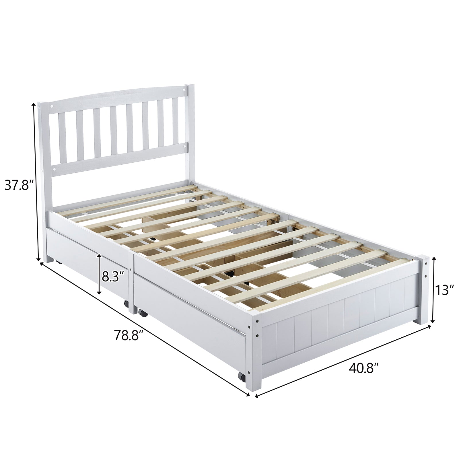 HAOYYE Twin White Pinewood Bed with Curved Vertical Headboard, Four Large Drawers for Storage, Space-Saving Design, Sturdy Construction with Hardwood Slats, No Box Spring Needed, Modern and Functional Bedroom Furniture