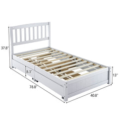 HAOYYE Twin White Pinewood Bed with Curved Vertical Headboard, Four Large Drawers for Storage, Space-Saving Design, Sturdy Construction with Hardwood Slats, No Box Spring Needed, Modern and Functional Bedroom Furniture