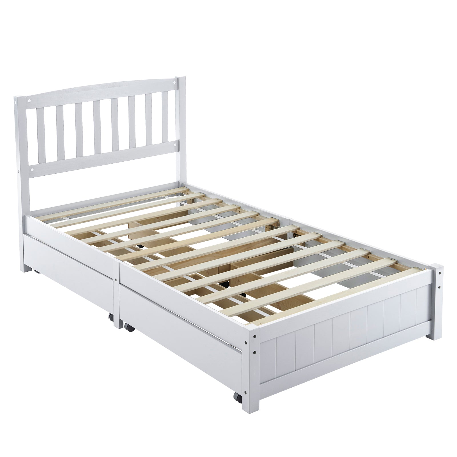 HAOYYE Twin White Pinewood Bed with Curved Vertical Headboard, Four Large Drawers for Storage, Space-Saving Design, Sturdy Construction with Hardwood Slats, No Box Spring Needed, Modern and Functional Bedroom Furniture