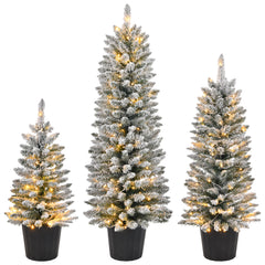 HAOYYE Set of 3 Pre-lit Snow Flocked Artificial Christmas Trees with Pot Stands Battery Operated 50 100 150 Warm LED Lights and 130 180 250 PVC Branch Tips Perfect for Holiday Party Office or Home Décor