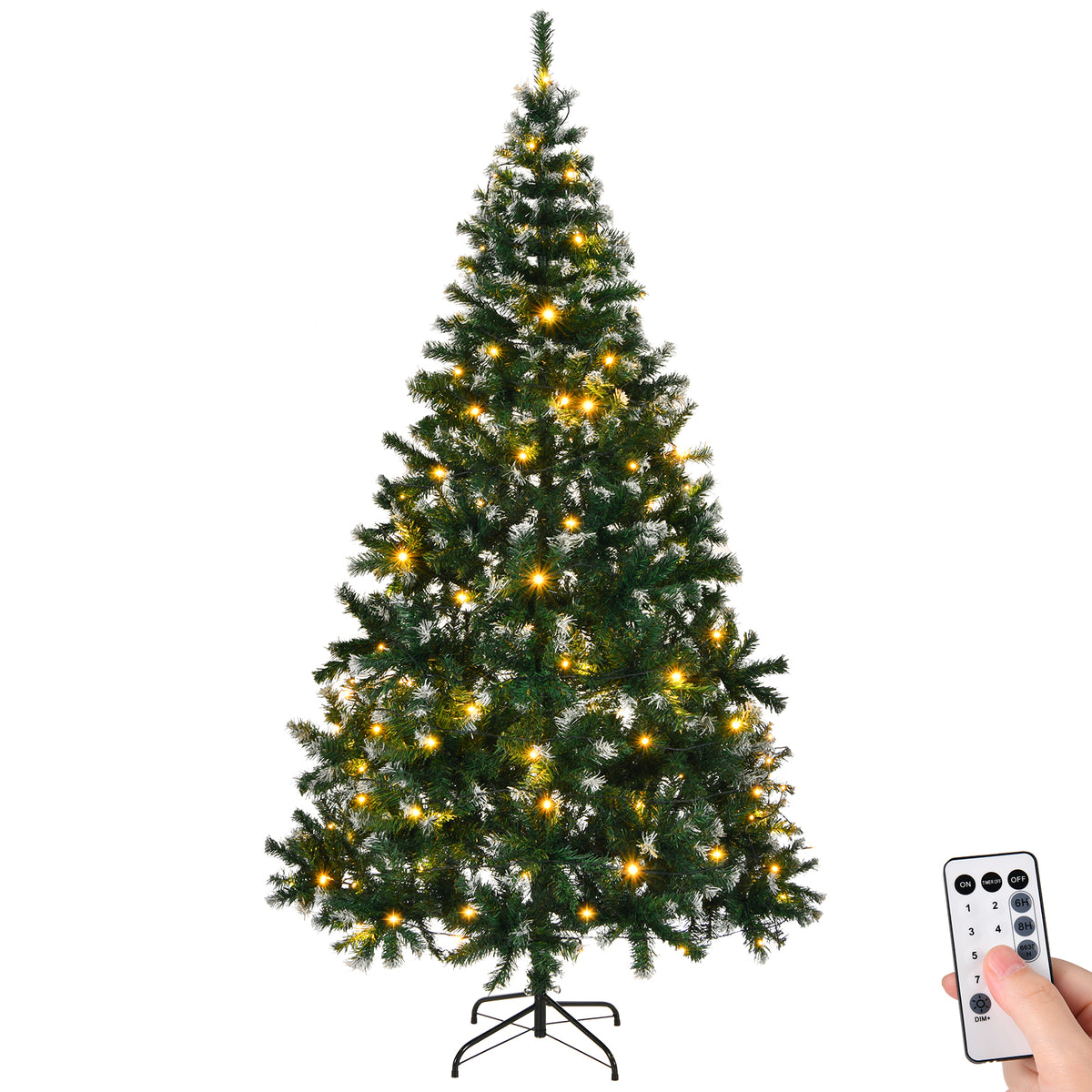 HAOYYE 7 FT Snow Tipped Artificial Christmas Tree with 150 Warm LED Lights, DIY Remote Control, 1100 Branch Tips, Sturdy Metal Stand, Green & Snow Tipped Holiday Tree for Indoor and Outdoor Decor