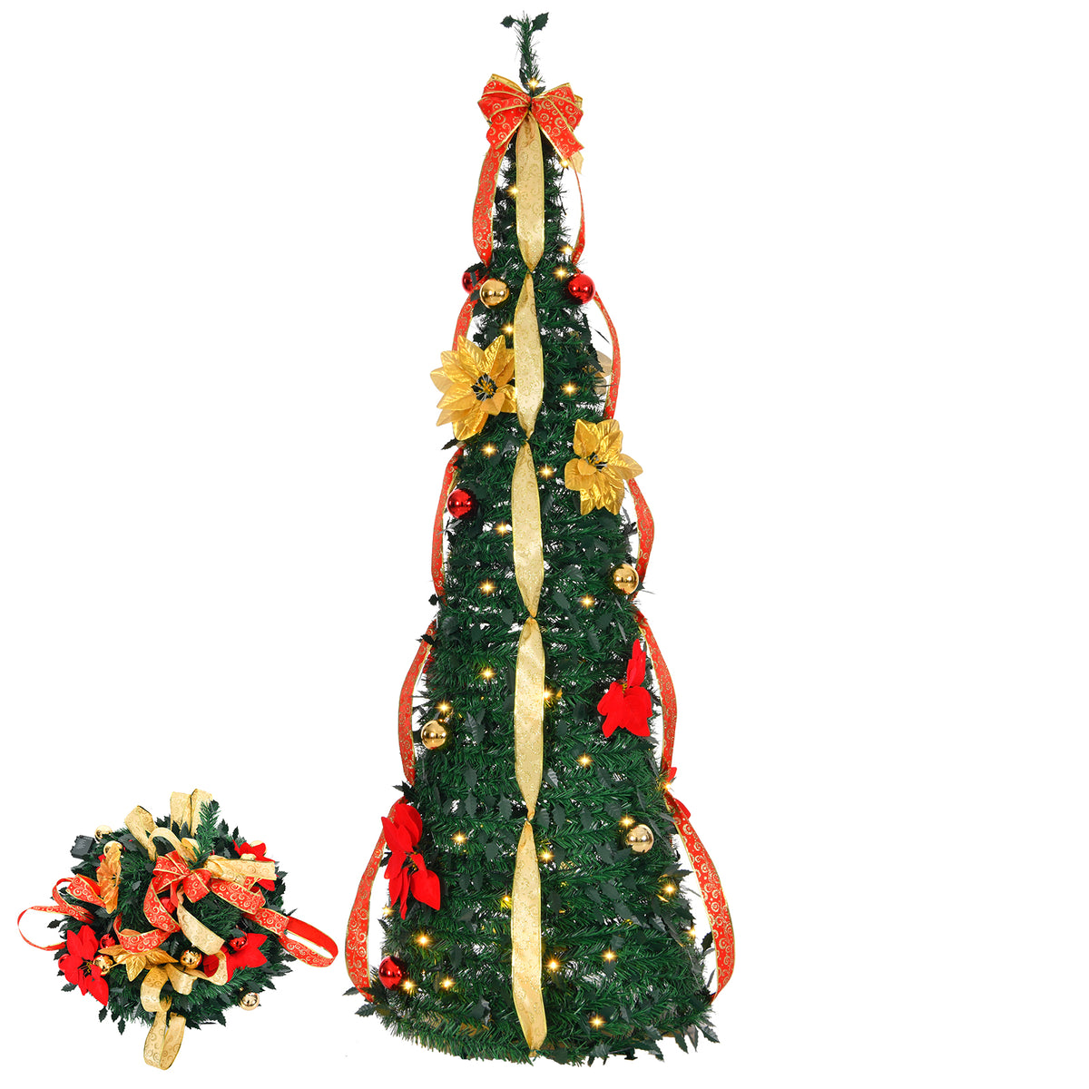 HAOYYE Green Pre-Lit Pop Up Christmas Tree Fully Decorated Artificial Holiday Tree with 80 Warm LED Lights Battery Operated and Red Gold Ornaments for Home Office Store Seasonal Decoration