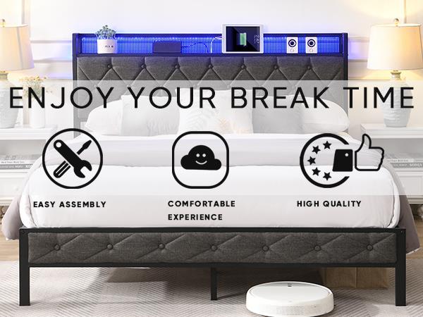 HAOYYE Full Bed Frame with  Storage Headboard, Charging Station and LED Lights, Upholstered Platform Bed with Heavy Metal Slats, No Box Spring Needed, Noise Free, Easy Assembly, Dark Gray