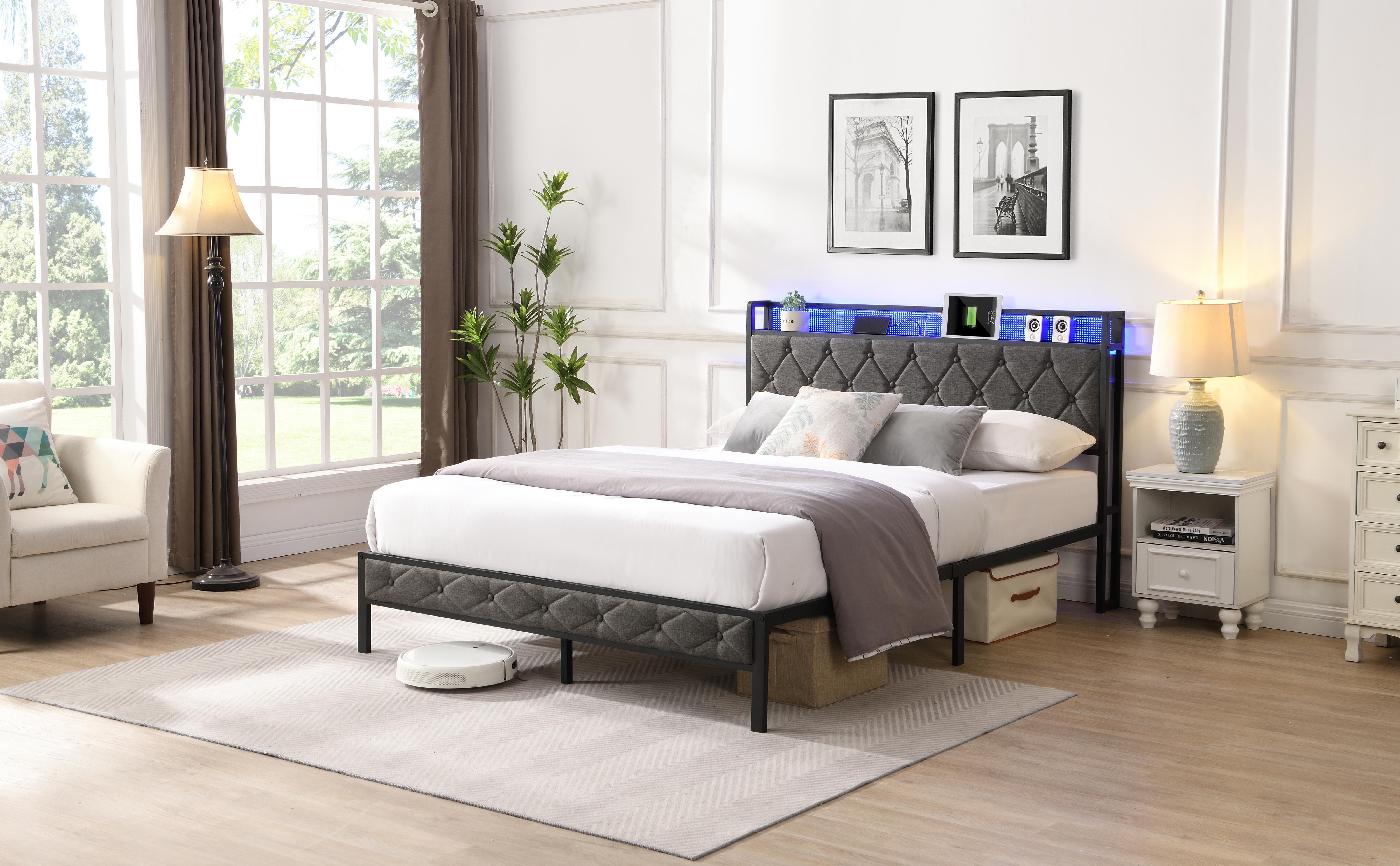 HAOYYE Full Bed Frame with  Storage Headboard, Charging Station and LED Lights, Upholstered Platform Bed with Heavy Metal Slats, No Box Spring Needed, Noise Free, Easy Assembly, Dark Gray