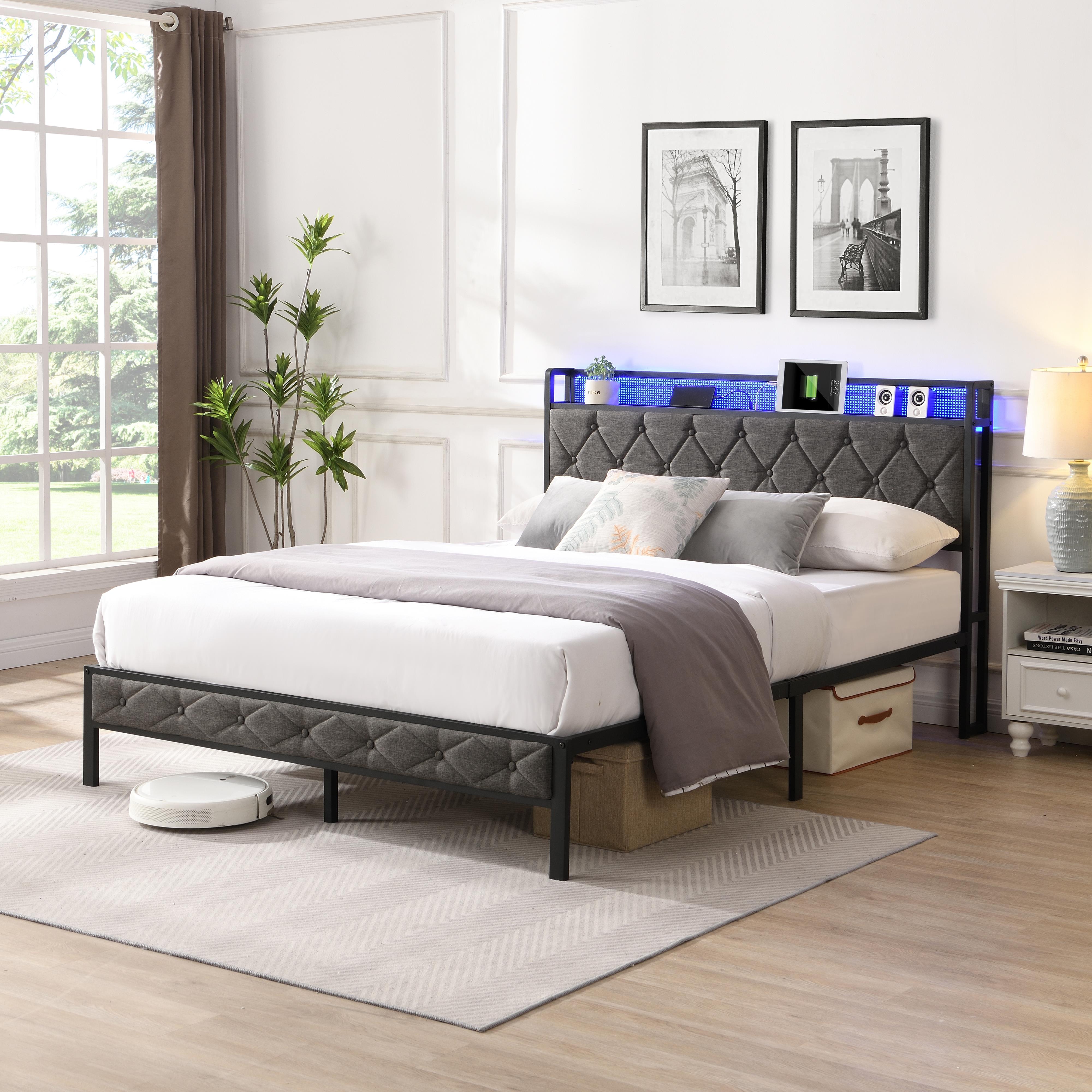 HAOYYE Full Bed Frame with  Storage Headboard, Charging Station and LED Lights, Upholstered Platform Bed with Heavy Metal Slats, No Box Spring Needed, Noise Free, Easy Assembly, Dark Gray
