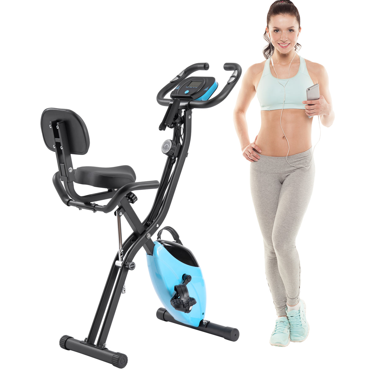 HAOYYE Folding Exercise Bike Fitness Upright and Recumbent X-Bike with Adjustable Magnetic Resistance Arm Bands and Backrest Stationary Indoor Cycling Bike Foldable Design LCD Display for Home Workout