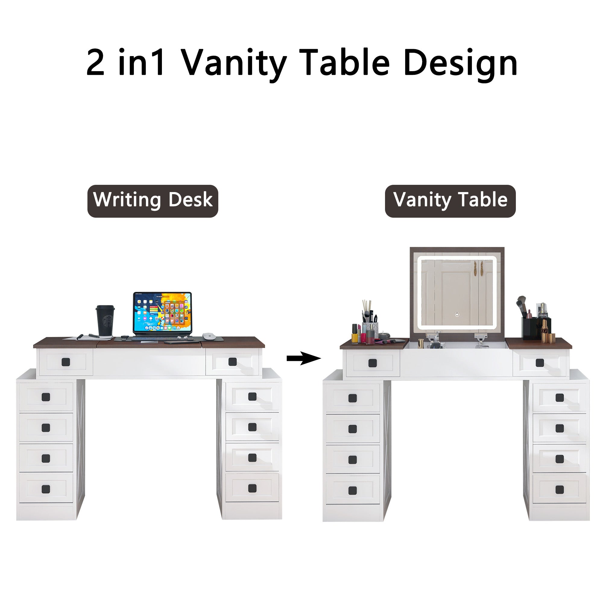 HAOYYE Vanity Desk with Dimmable LED Light, 10 Drawers, Flip-Up Mirror, Space-Saving Makeup Table Set with Large Storage, White + Walnut Finish, Modern Vanity Table with Stool, Organizer for Bedroom, Dressing Room, or Makeup Station