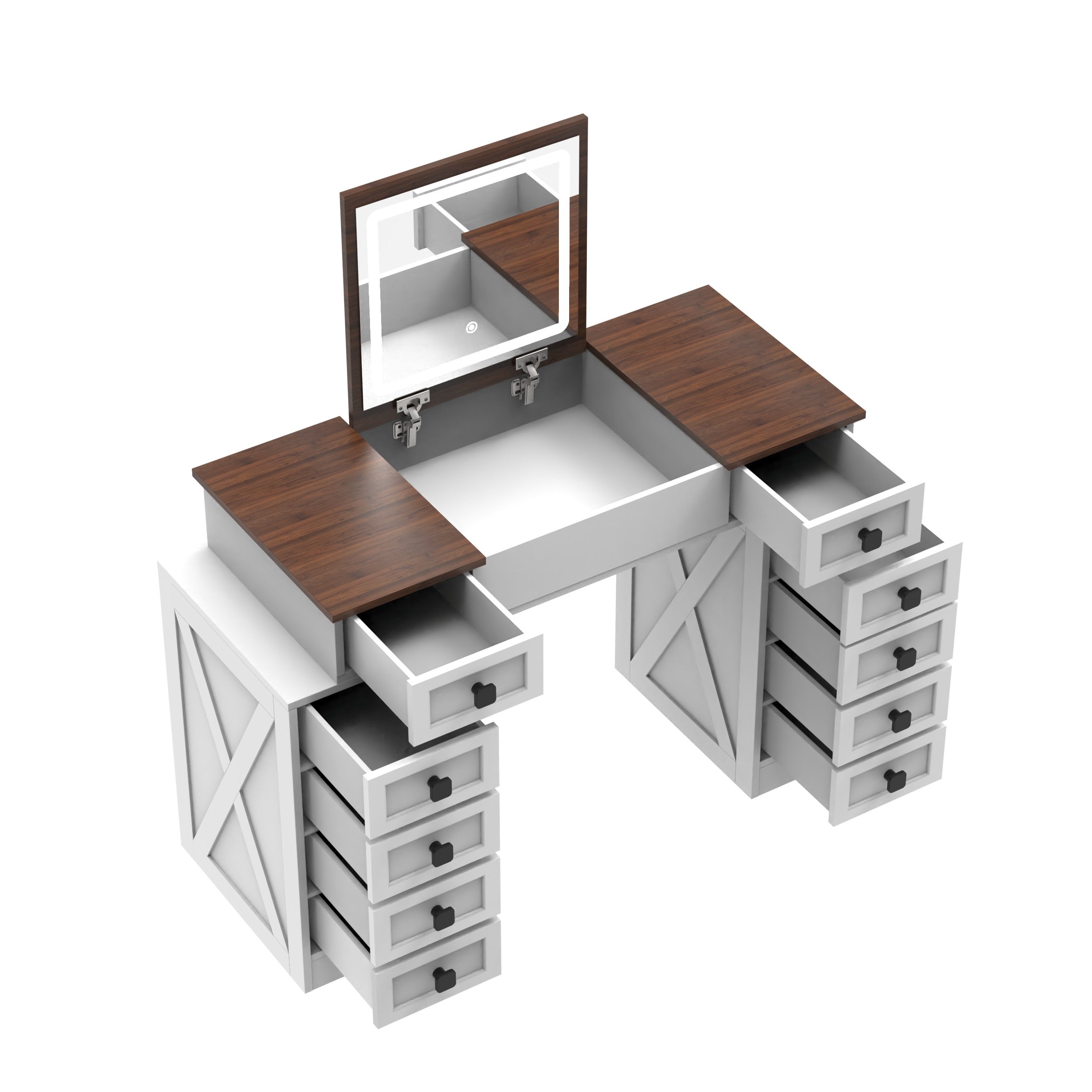 HAOYYE Vanity Desk with Dimmable LED Light, 10 Drawers, Flip-Up Mirror, Space-Saving Makeup Table Set with Large Storage, White + Walnut Finish, Modern Vanity Table with Stool, Organizer for Bedroom, Dressing Room, or Makeup Station