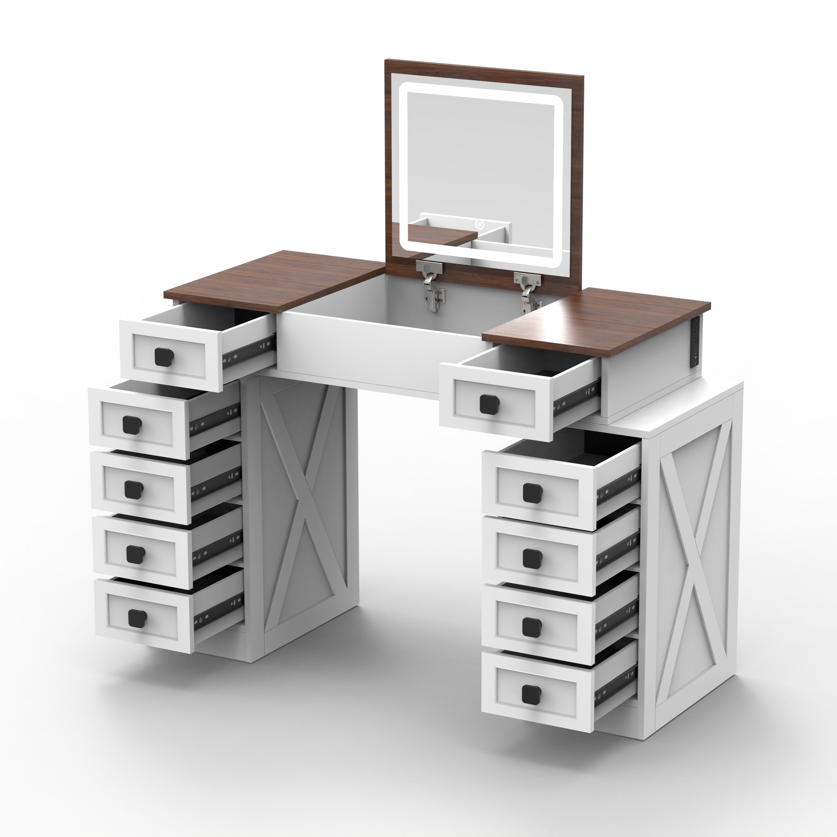HAOYYE Vanity Desk with Dimmable LED Light, 10 Drawers, Flip-Up Mirror, Space-Saving Makeup Table Set with Large Storage, White + Walnut Finish, Modern Vanity Table with Stool, Organizer for Bedroom, Dressing Room, or Makeup Station