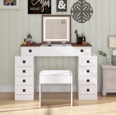 HAOYYE Vanity Desk with Dimmable LED Light, 10 Drawers, Flip-Up Mirror, Space-Saving Makeup Table Set with Large Storage, White + Walnut Finish, Modern Vanity Table with Stool, Organizer for Bedroom, Dressing Room, or Makeup Station