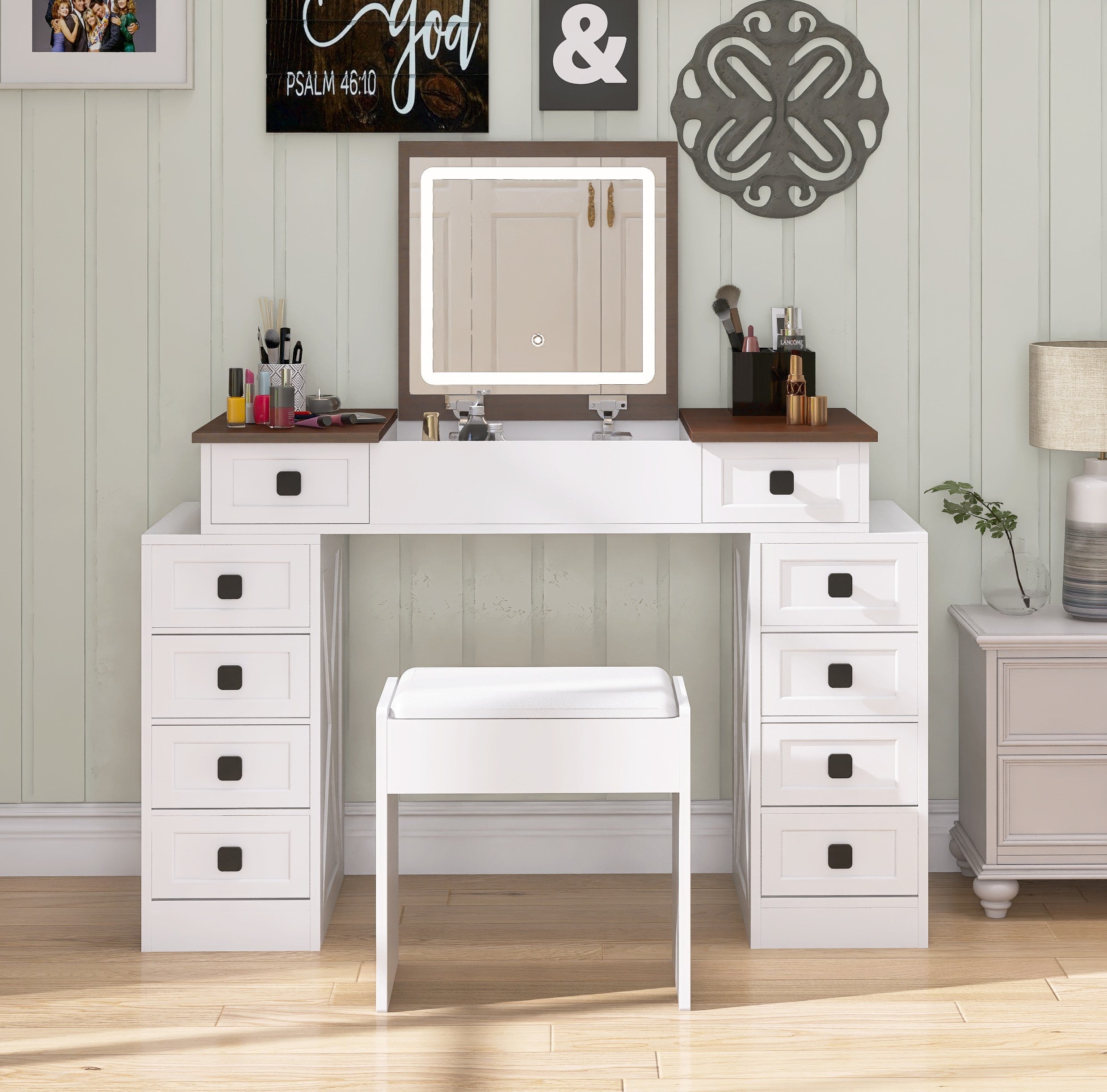 HAOYYE Vanity Desk with Dimmable LED Light, 10 Drawers, Flip-Up Mirror, Space-Saving Makeup Table Set with Large Storage, White + Walnut Finish, Modern Vanity Table with Stool, Organizer for Bedroom, Dressing Room, or Makeup Station