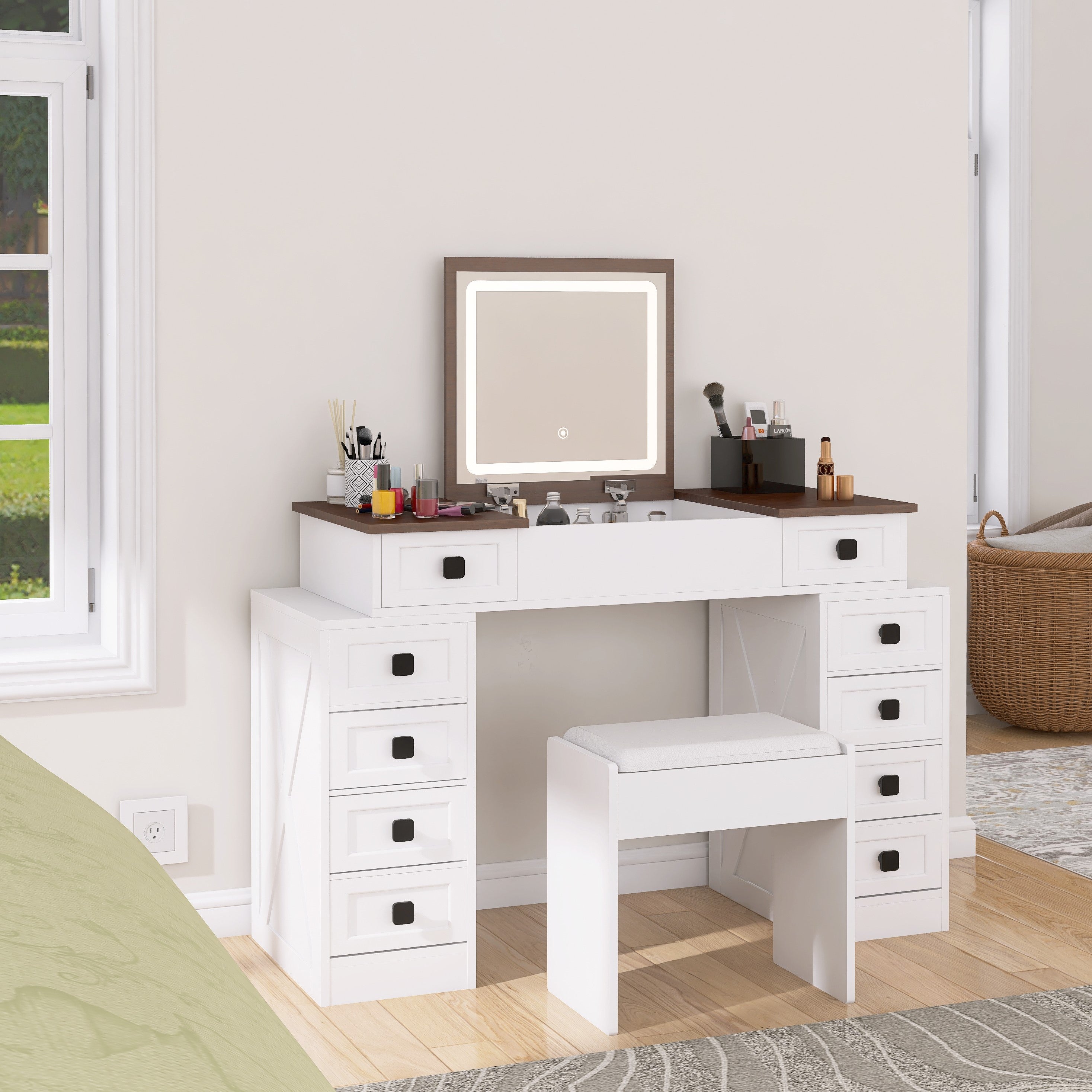 HAOYYE Vanity Desk with Dimmable LED Light, 10 Drawers, Flip-Up Mirror, Space-Saving Makeup Table Set with Large Storage, White + Walnut Finish, Modern Vanity Table with Stool, Organizer for Bedroom, Dressing Room, or Makeup Station