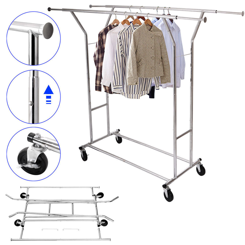 HAOYYE Double-Bar Garment Rack, Heavy-Duty Steel Construction, Space-Saving Design, Silver Finish, Stylish Organizer for Bedrooms, Closets, Entryways, and Laundry Rooms