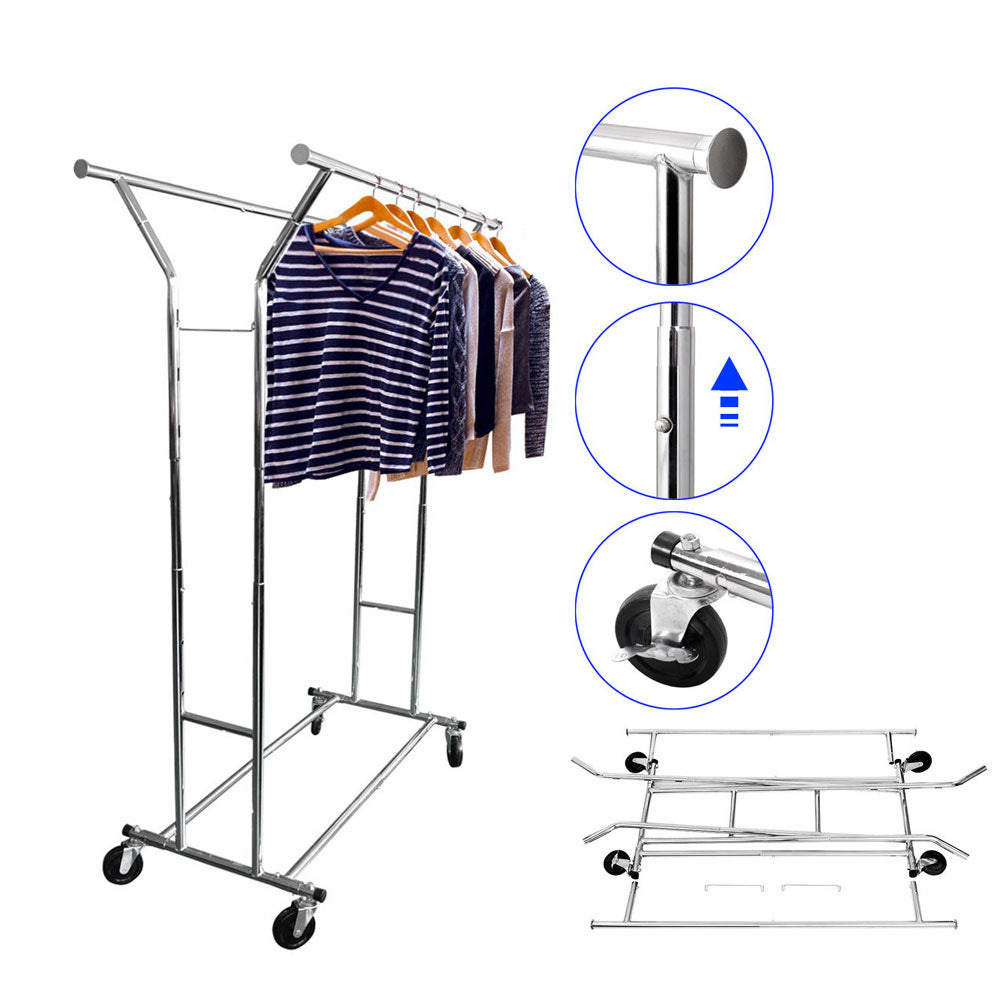 HAOYYE Double-Bar Garment Rack, Heavy-Duty Steel Construction, Space-Saving Design, Silver Finish, Stylish Organizer for Bedrooms, Closets, Entryways, and Laundry Rooms