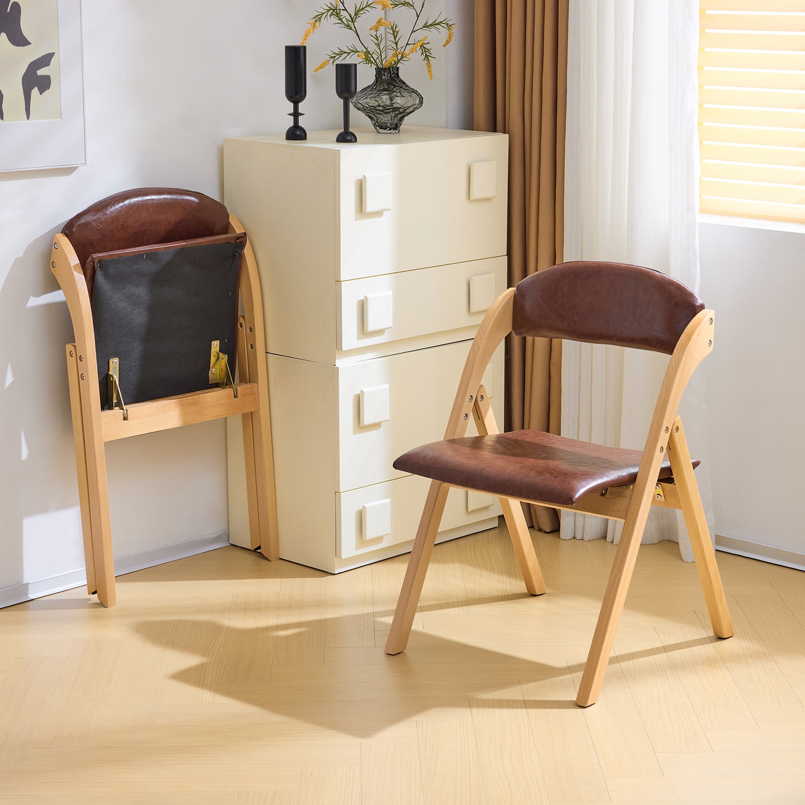 HAOYYE 2PCS Wooden Folding Chairs with Padded PU Leather Seats, Portable Beechwood Frame Foldable Chairs for Kitchen Dining Office Wedding Party Picnic, Natural Frame with Brown Cushion