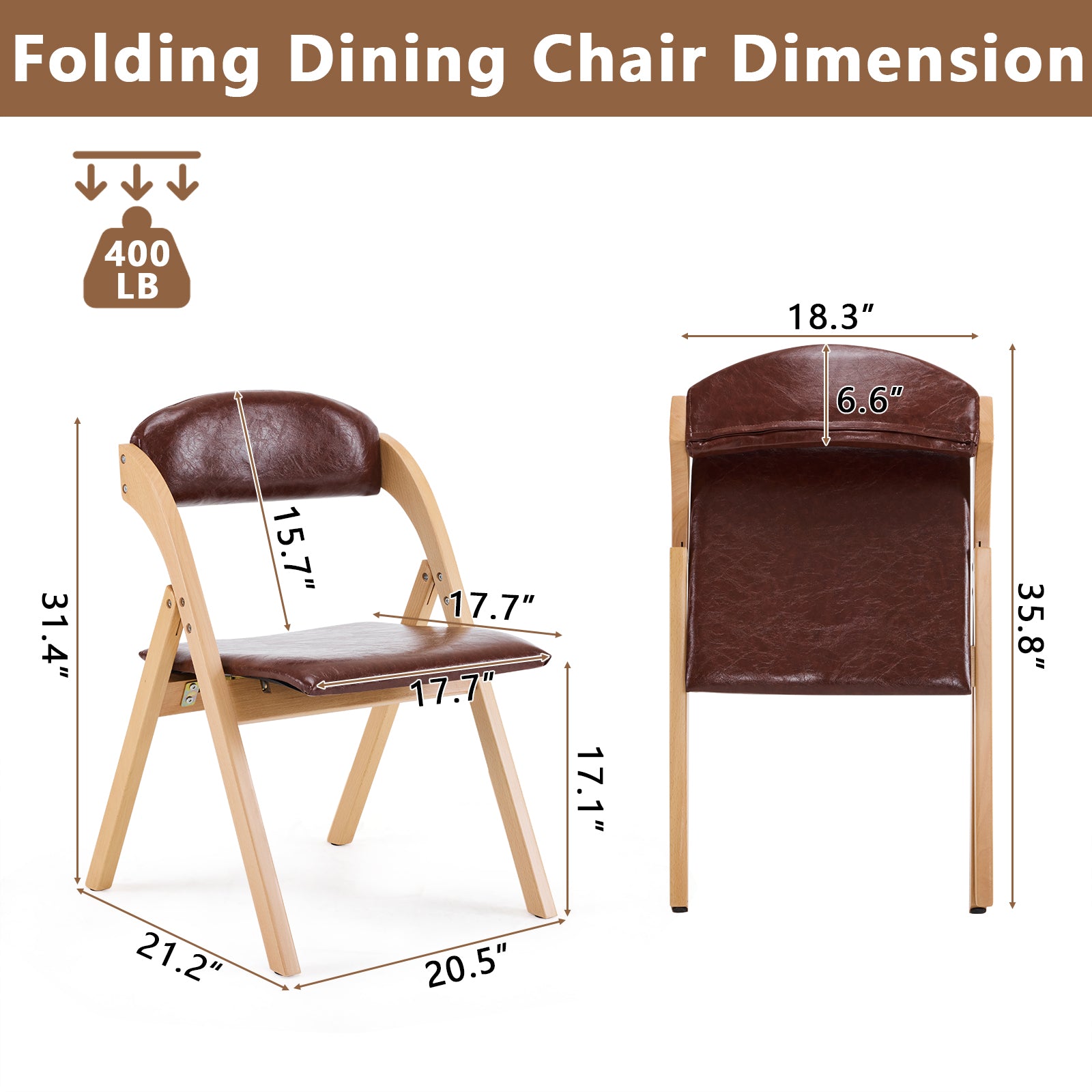 HAOYYE 2PCS Wooden Folding Chairs with Padded PU Leather Seats, Portable Beechwood Frame Foldable Chairs for Kitchen Dining Office Wedding Party Picnic, Natural Frame with Brown Cushion