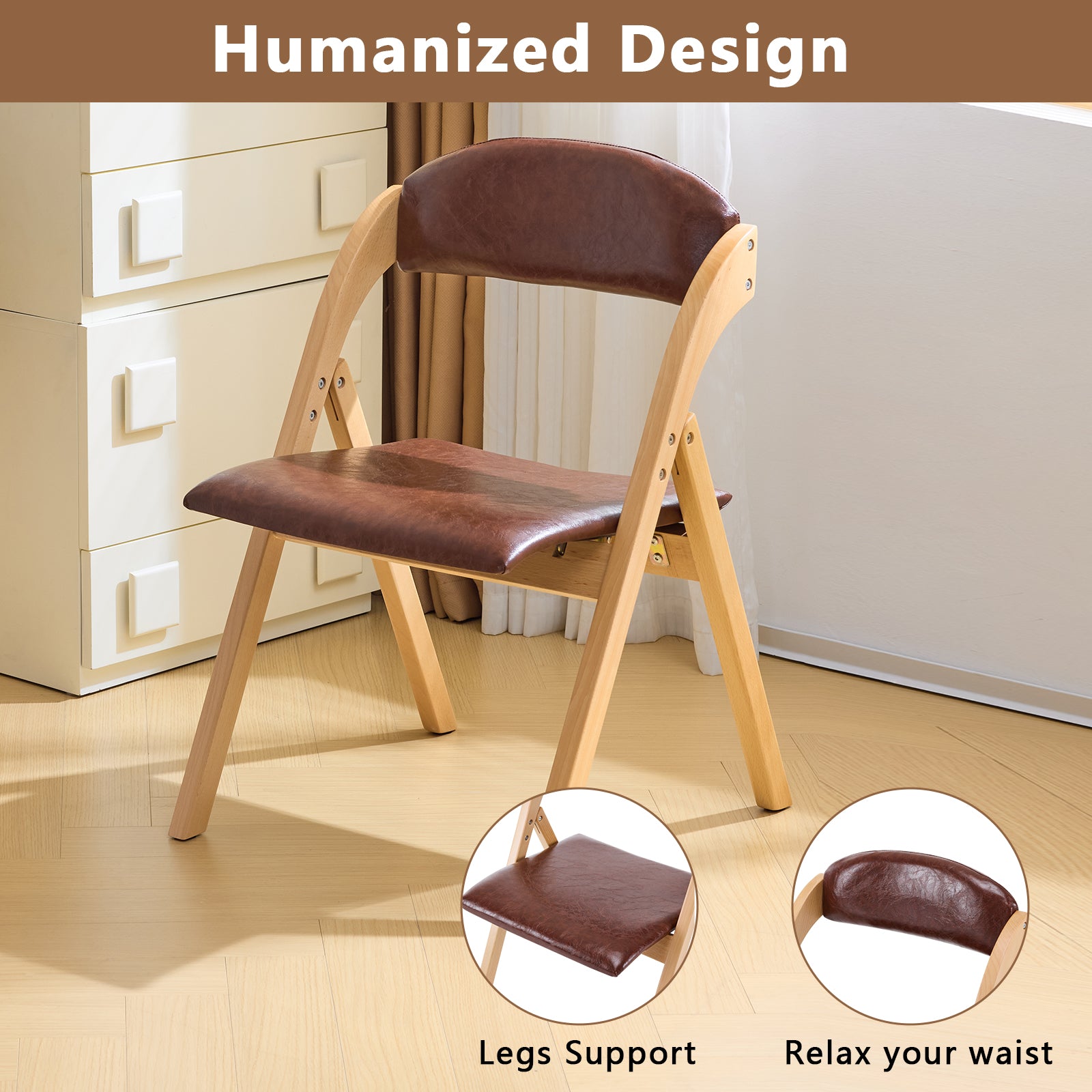 HAOYYE 2PCS Wooden Folding Chairs with Padded PU Leather Seats, Portable Beechwood Frame Foldable Chairs for Kitchen Dining Office Wedding Party Picnic, Natural Frame with Brown Cushion