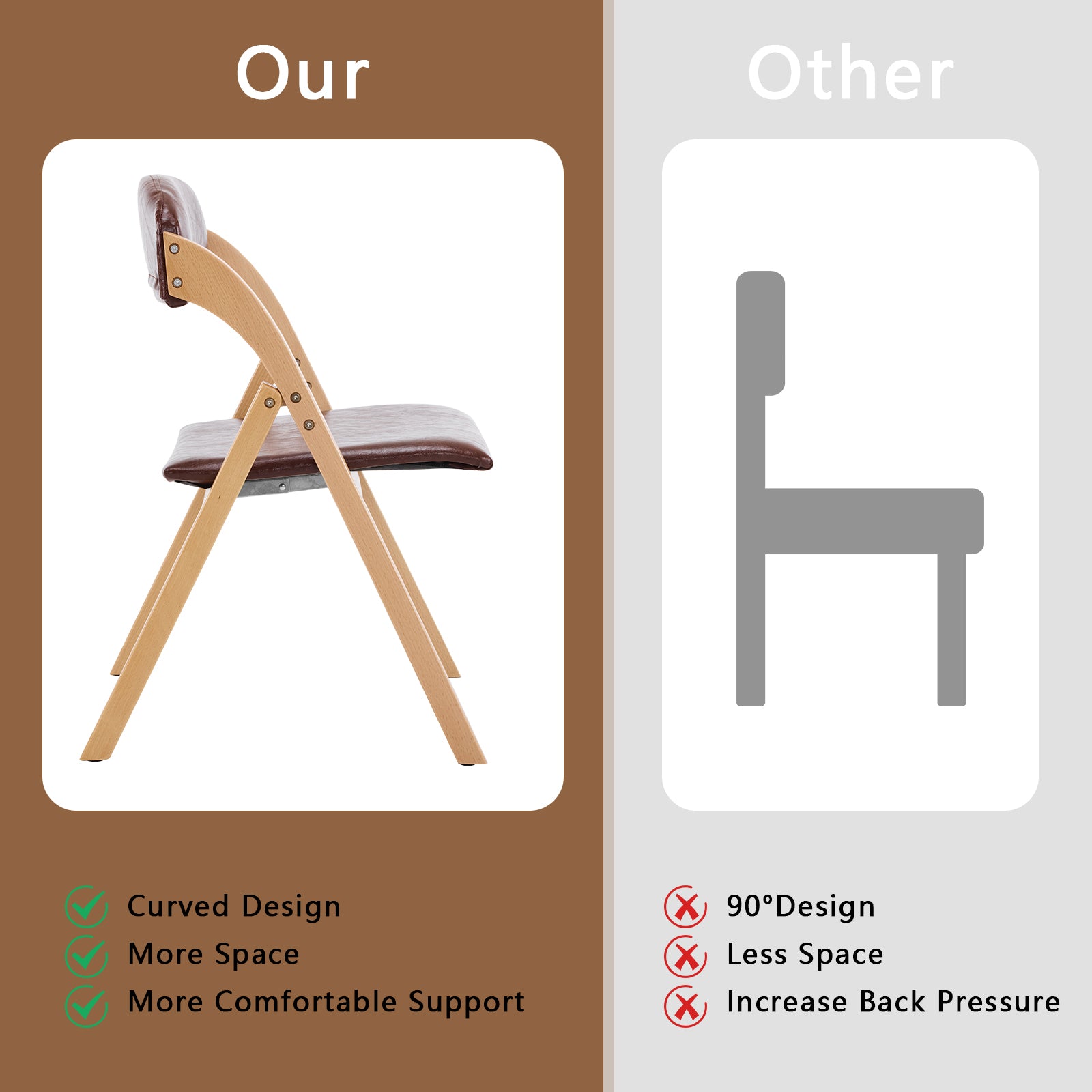 HAOYYE 2PCS Wooden Folding Chairs with Padded PU Leather Seats, Portable Beechwood Frame Foldable Chairs for Kitchen Dining Office Wedding Party Picnic, Natural Frame with Brown Cushion