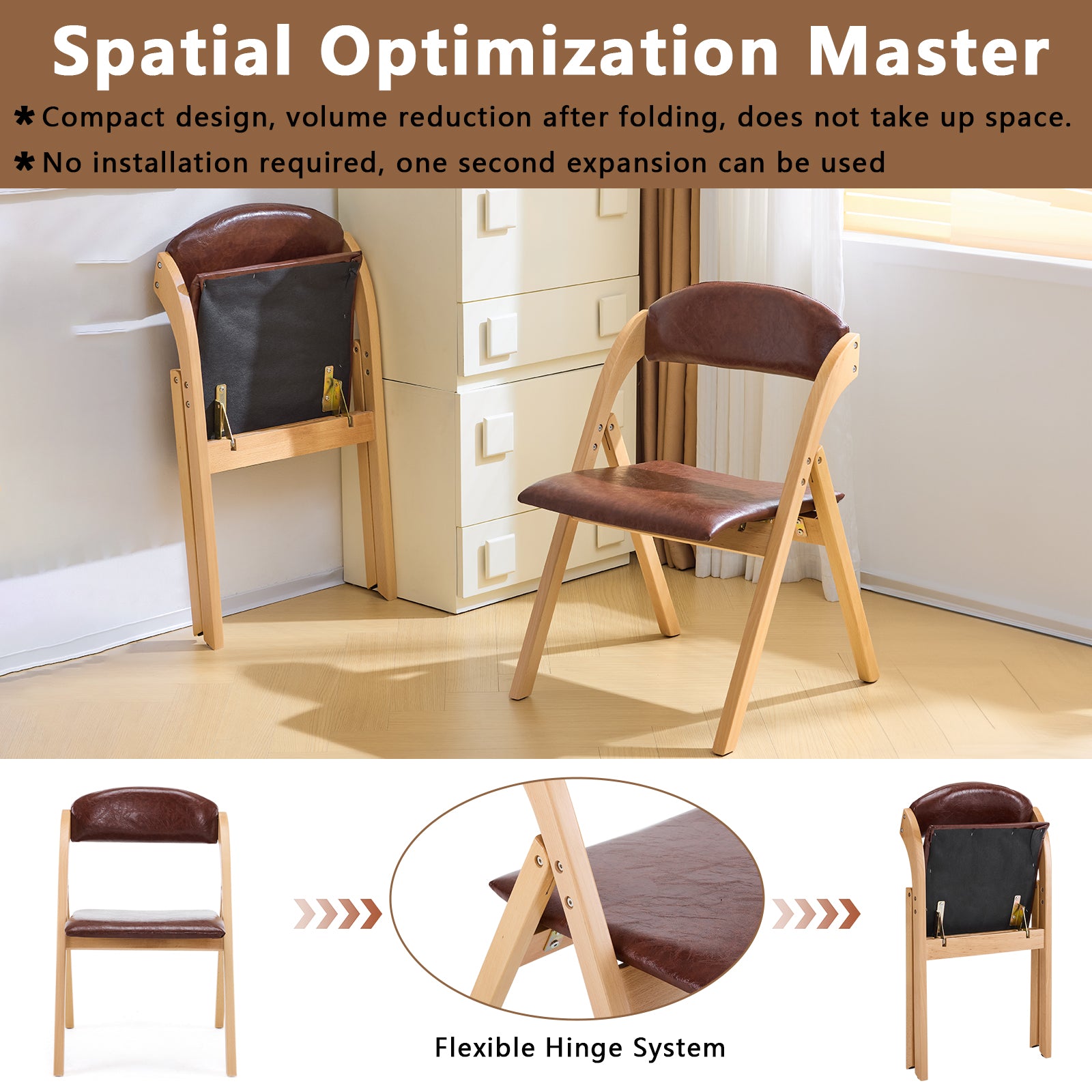 HAOYYE 2PCS Wooden Folding Chairs with Padded PU Leather Seats, Portable Beechwood Frame Foldable Chairs for Kitchen Dining Office Wedding Party Picnic, Natural Frame with Brown Cushion