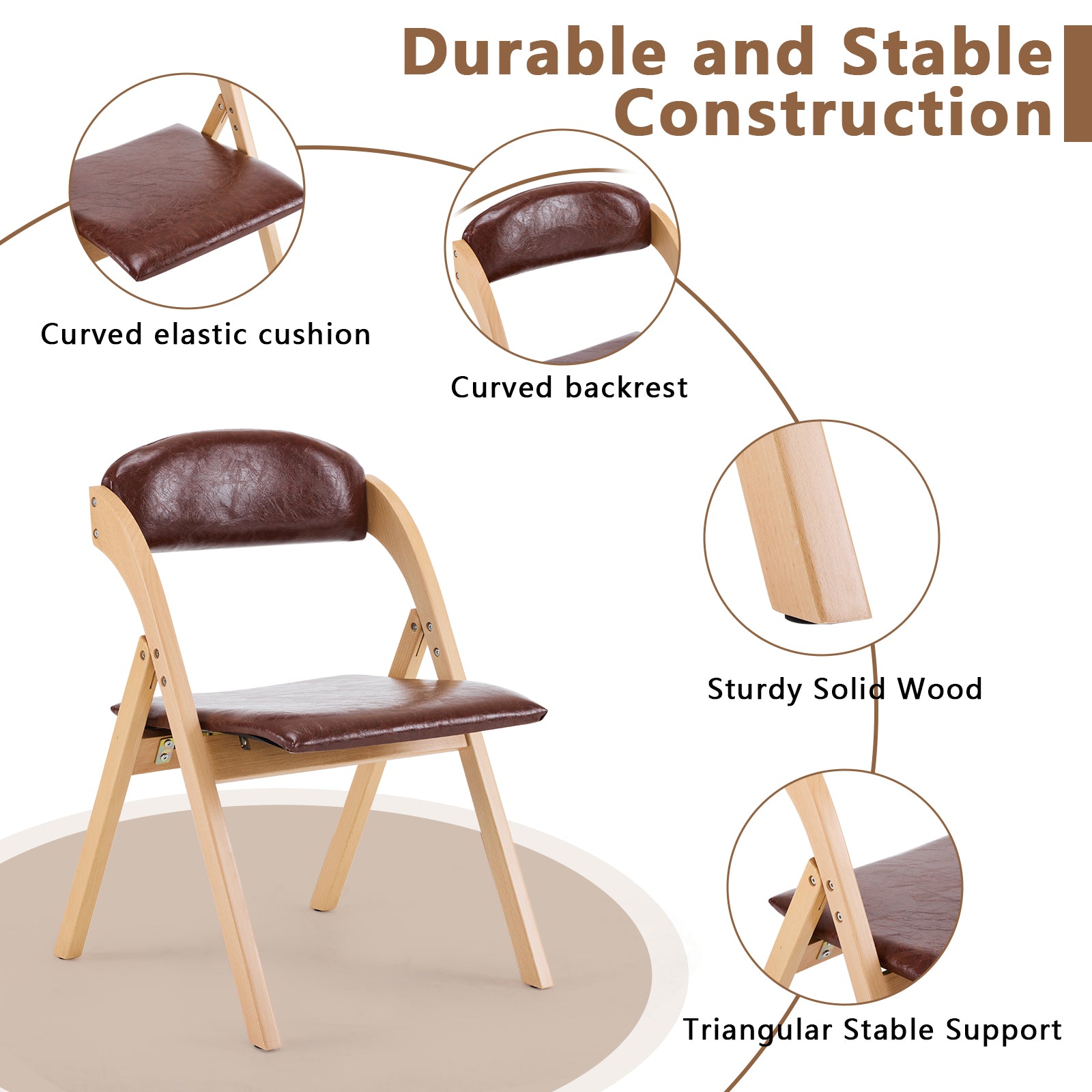 HAOYYE 2PCS Wooden Folding Chairs with Padded PU Leather Seats, Portable Beechwood Frame Foldable Chairs for Kitchen Dining Office Wedding Party Picnic, Natural Frame with Brown Cushion